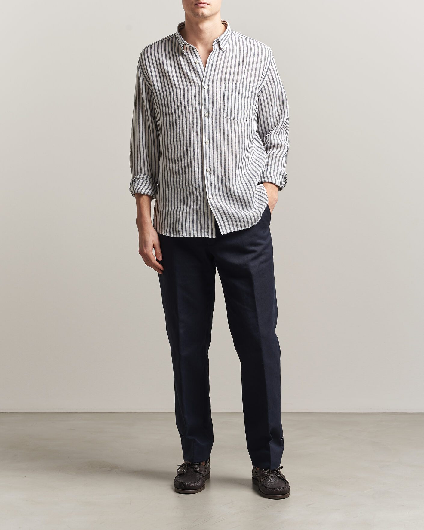 Heren | Overhemden | BOSS BLACK | Liam Striped Linen Shirt Dark Blue