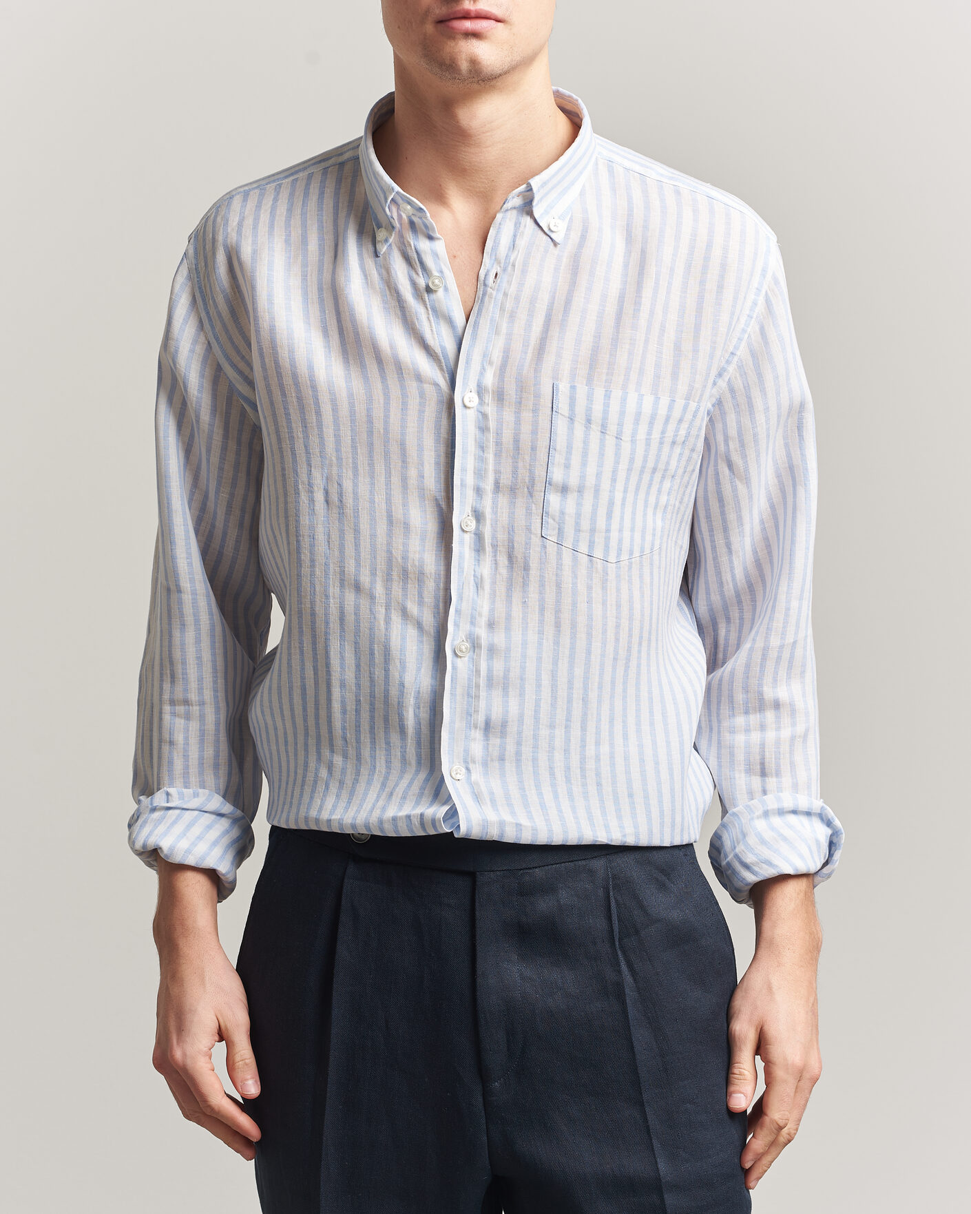 Homme | Chemises | BOSS BLACK | Liam Striped Linen Shirt Light Blue