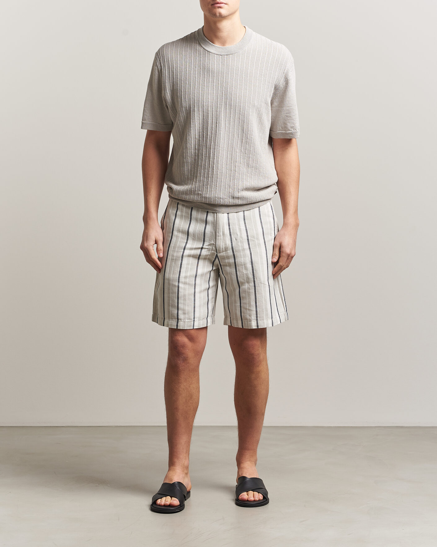 Homme | Shorts | BOSS ORANGE | Linen/Cotton Striped Drawstring Shorts Open Grey