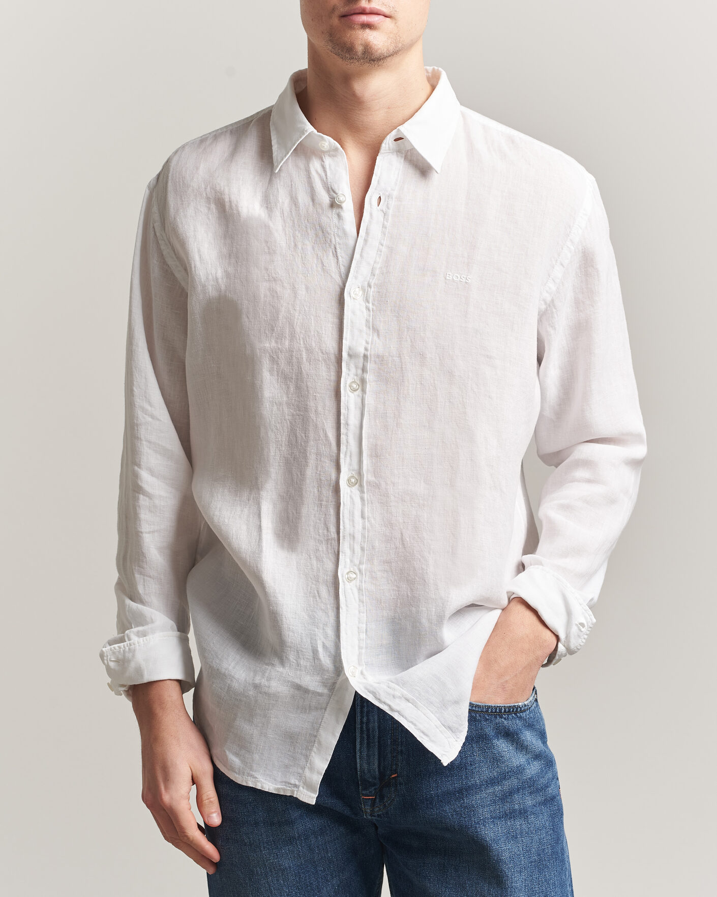 Heren | Overhemden | BOSS ORANGE | Relegant Linen Shirt White