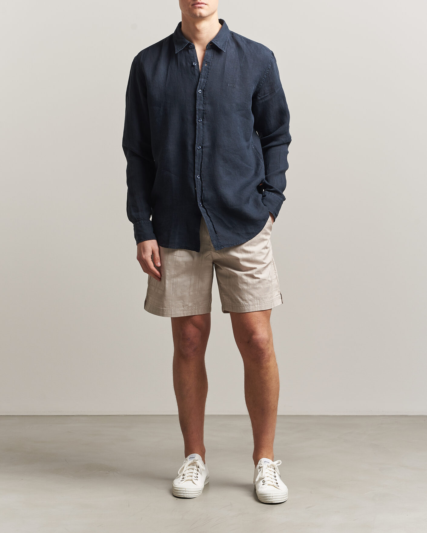 Heren | Overhemden | BOSS ORANGE | Relegant Linen Shirt Dark Blue