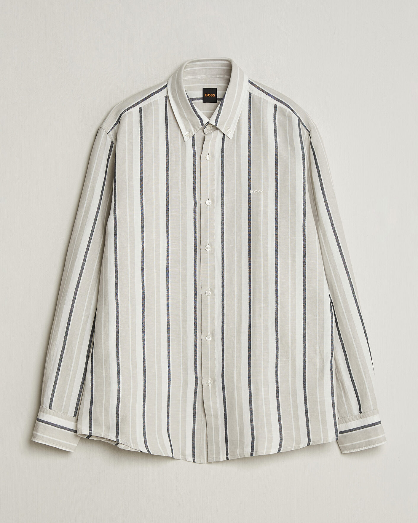 Heren | Overhemden | BOSS ORANGE | Ricoplus Linen/Cotton Striped Shirt Beige