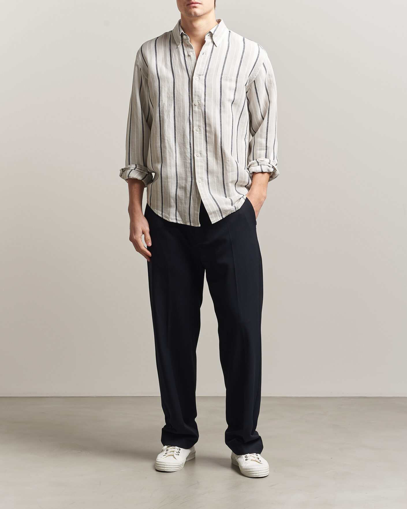 Heren | Overhemden | BOSS ORANGE | Ricoplus Linen/Cotton Striped Shirt Beige