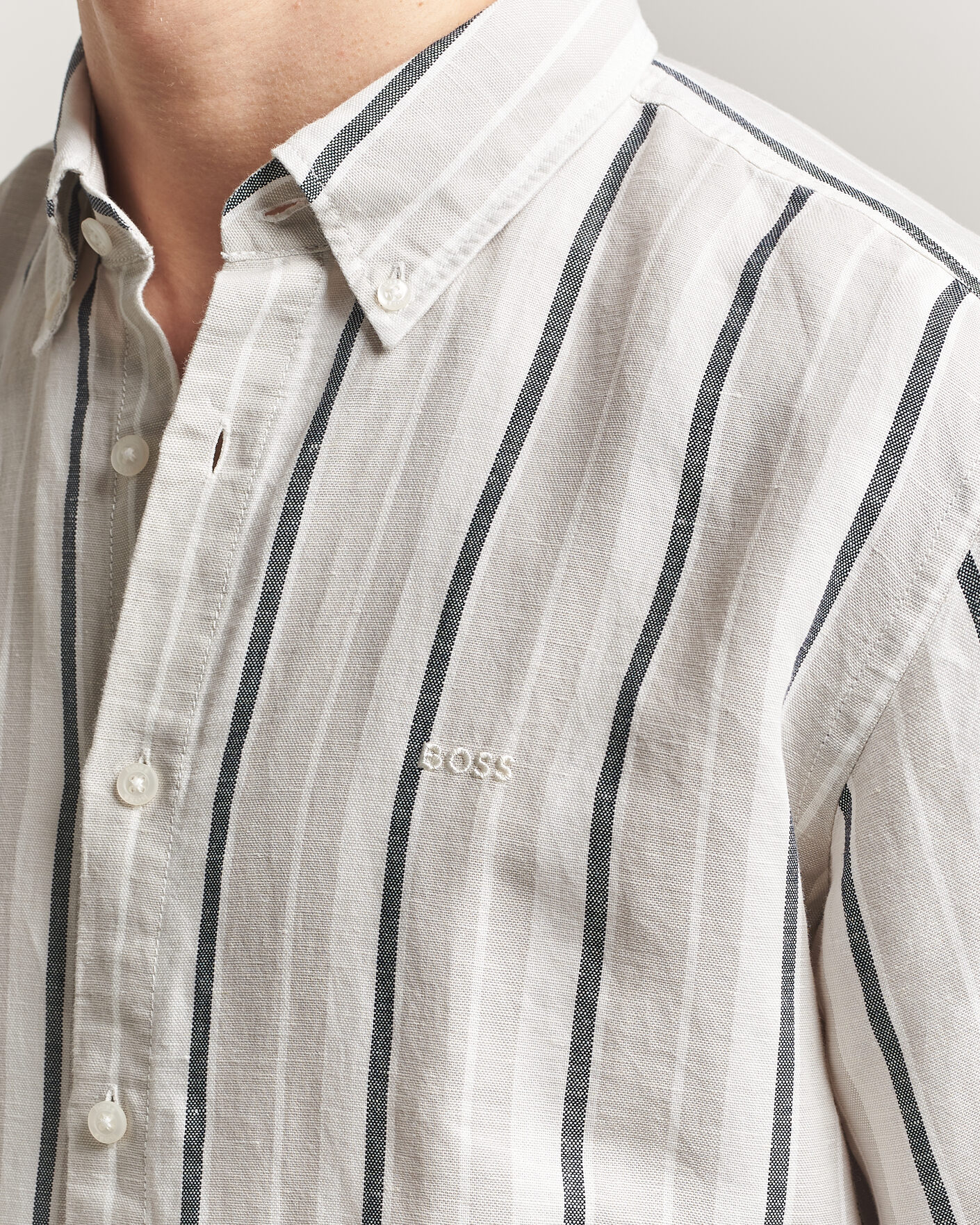 Heren | Overhemden | BOSS ORANGE | Ricoplus Linen/Cotton Striped Shirt Beige