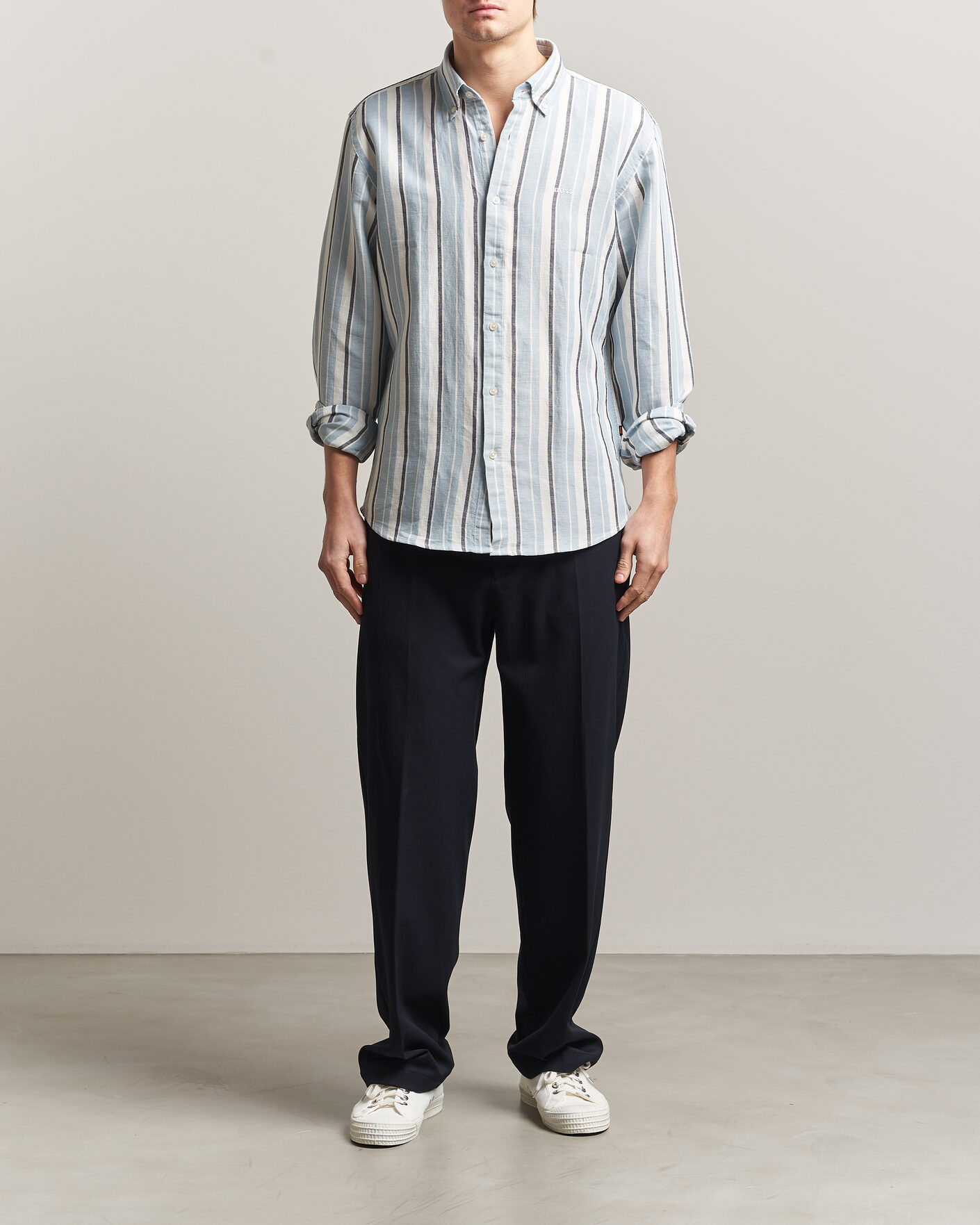Heren | Overhemden | BOSS ORANGE | Ricoplus Linen/Cotton Striped Shirt Light Blue