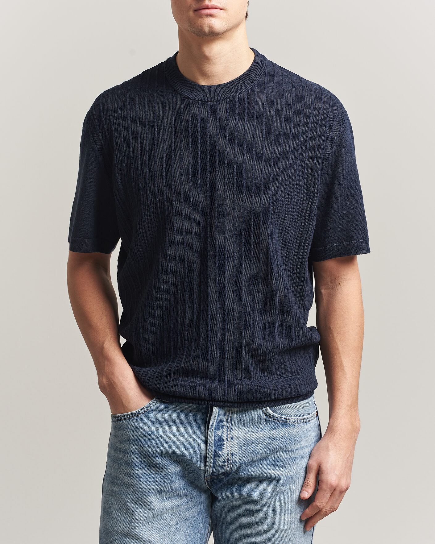 Heren | T-shirts | BOSS ORANGE | Kajordino Linen/Cotton Knitted T-Shirt Dark Blue