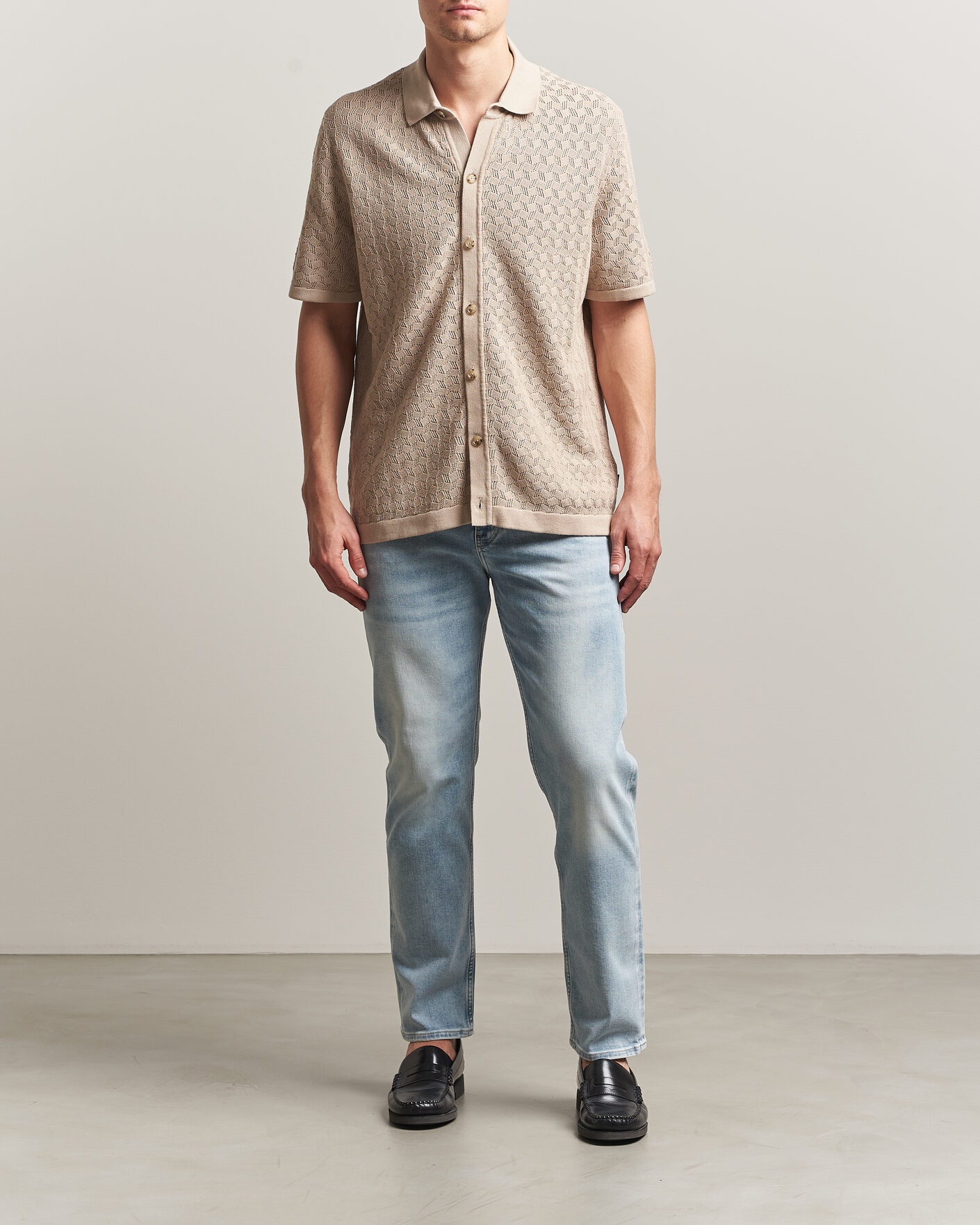 Heren | Overhemden | BOSS BLACK | Nappo Knitted Short Sleeve Shirt Open Beige