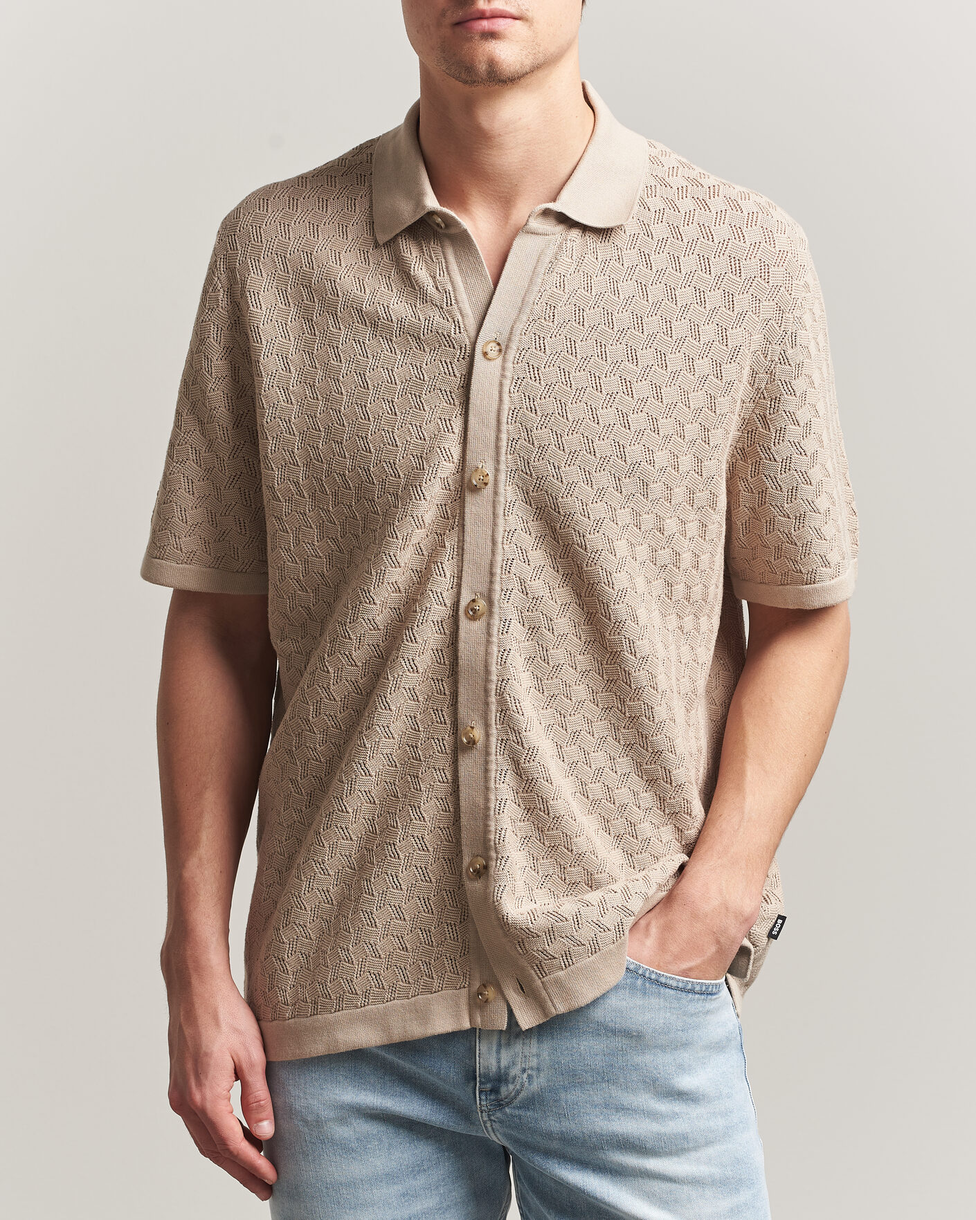 Heren | Overhemden | BOSS BLACK | Nappo Knitted Short Sleeve Shirt Open Beige