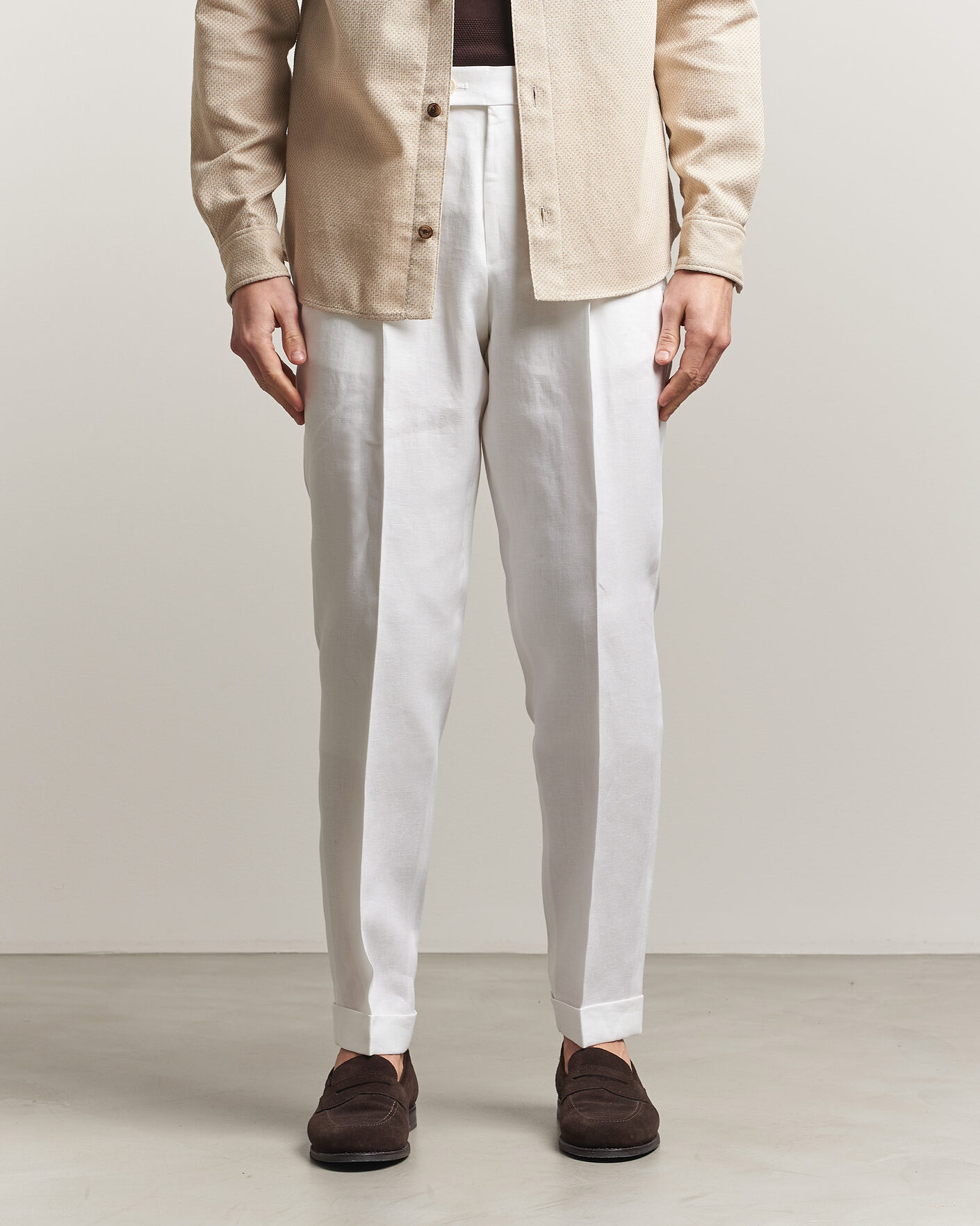Heren | Broeken | BOSS CAMEL | Peet Linen Pleated Trousers White