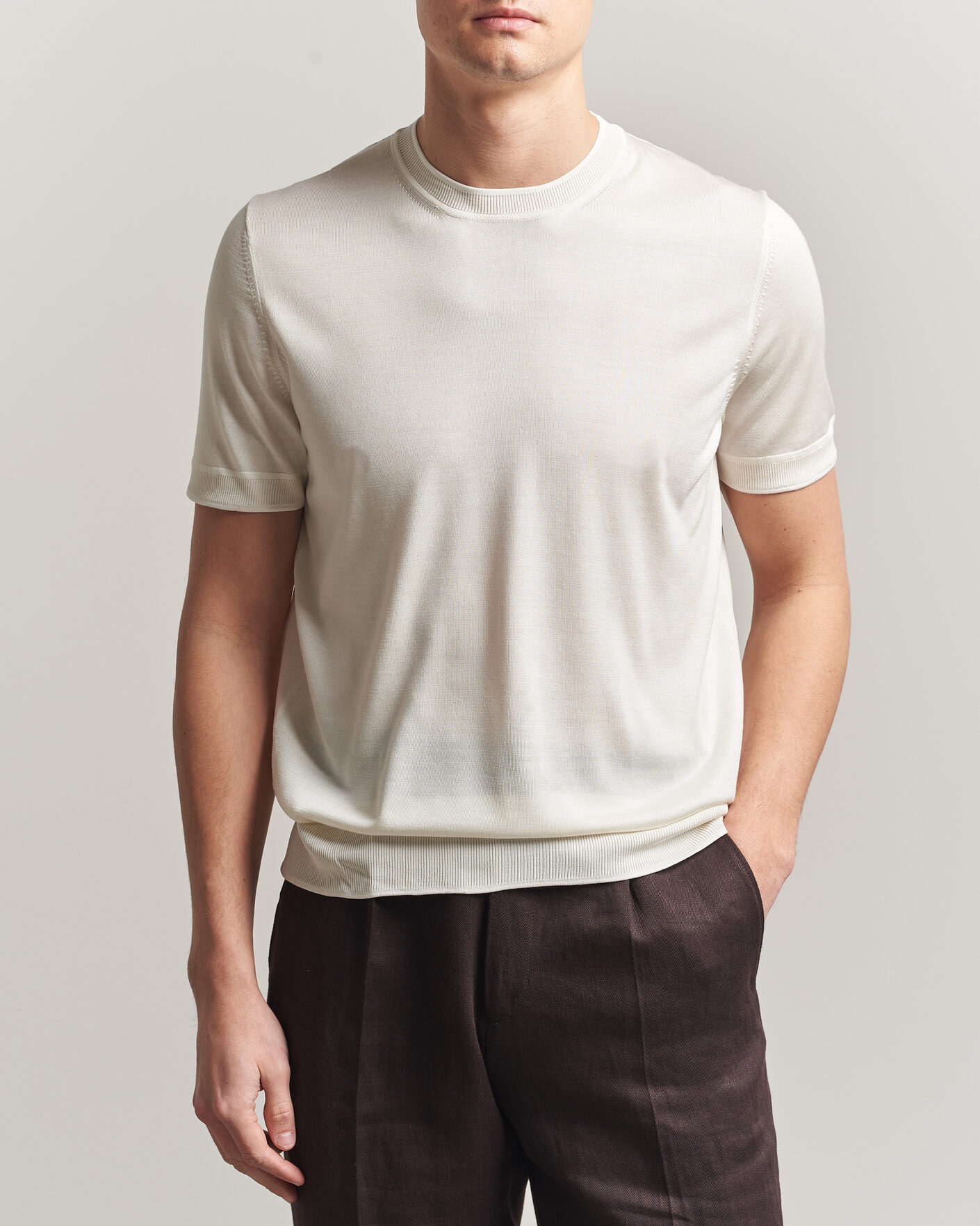 Heren | T-shirts | BOSS CAMEL | Nottano Silk Knitted T-Shirt Open White