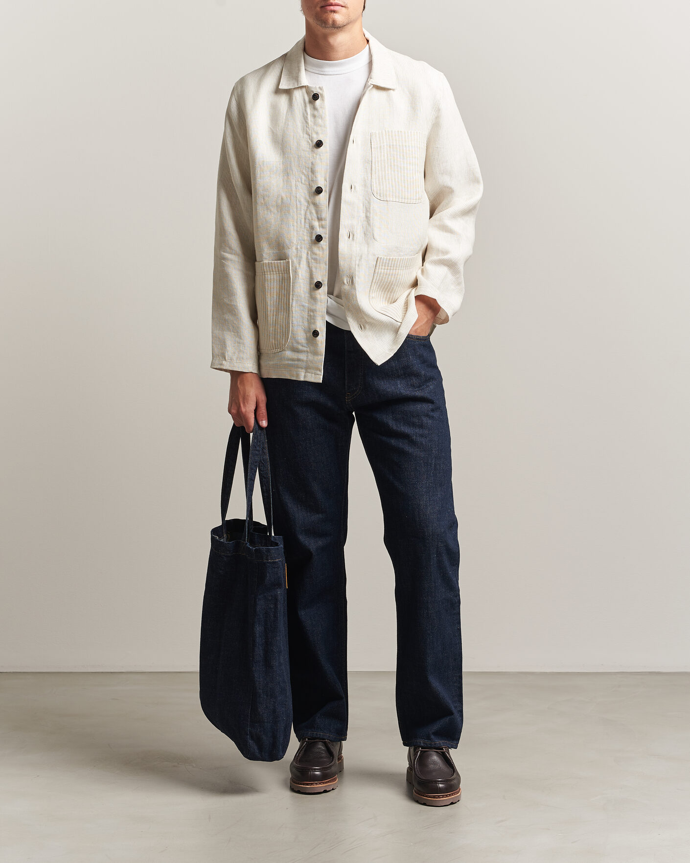 Heren | Overhemden | Peregrine | Windsor Linen Shacket Beige Stripe