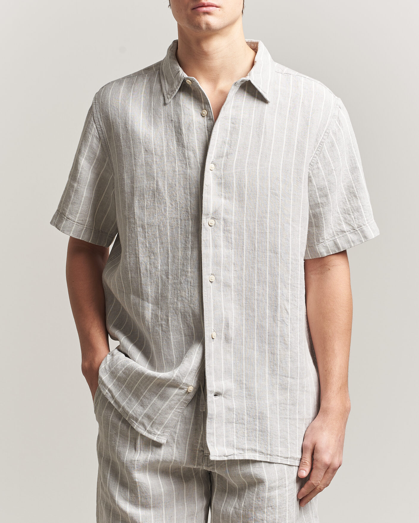 Homme | Chemises | KnowledgeCotton Apparel | Striped Linen Resort Shirt Grey