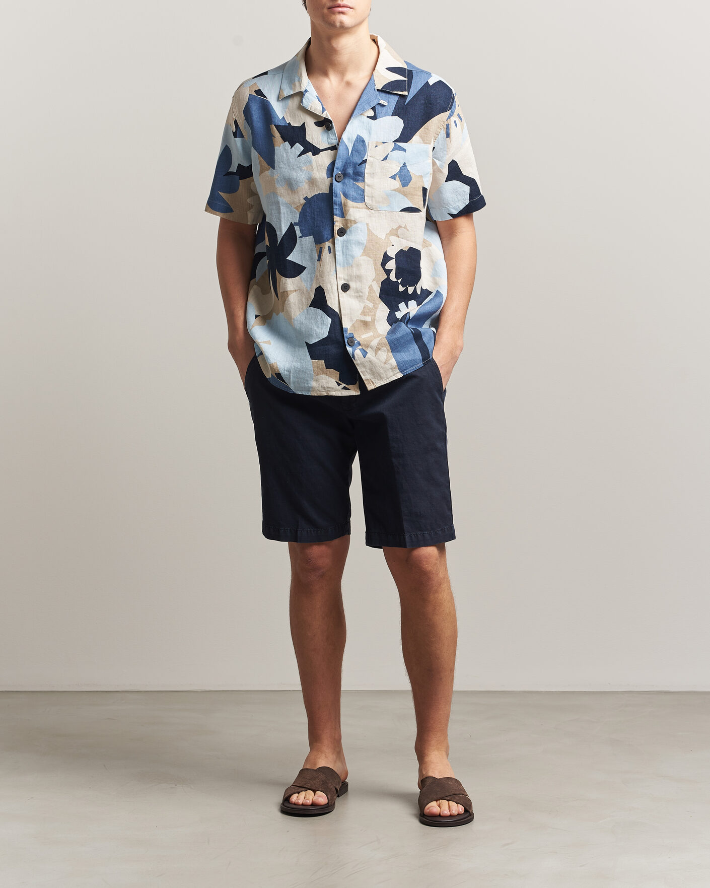 Homme | Chemises | KnowledgeCotton Apparel | Relaxed Printed Linen Short Sleeve Shirt Blue