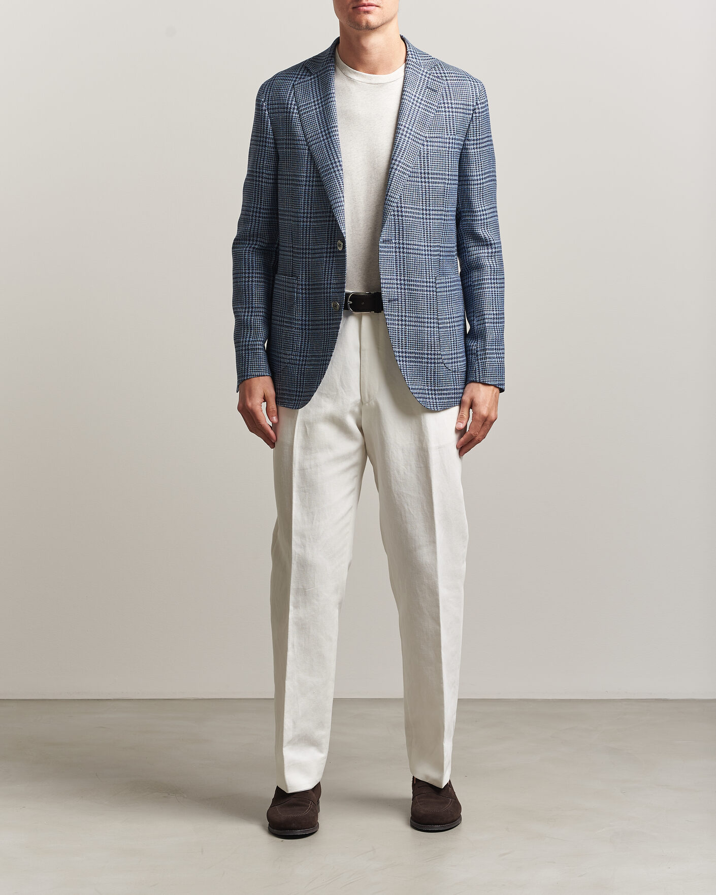 Homme | Blazers | Oscar Jacobson | Ferry Patch Soft Checked Linen/Wool Blazer Blue