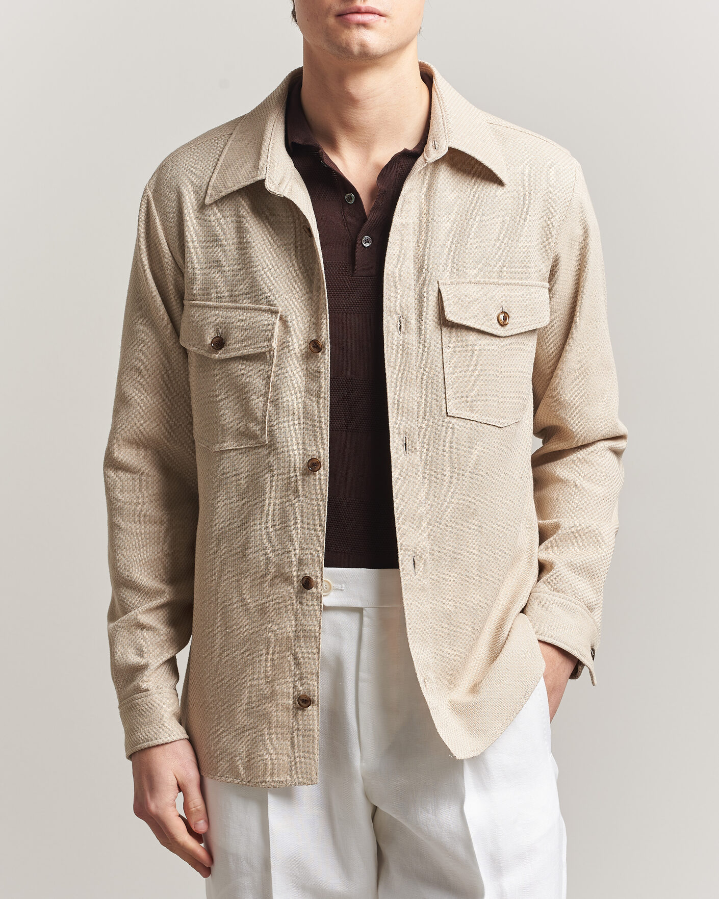 Heren | Overhemden | Oscar Jacobson | Magnus Structure Cotton Overshirt Beige