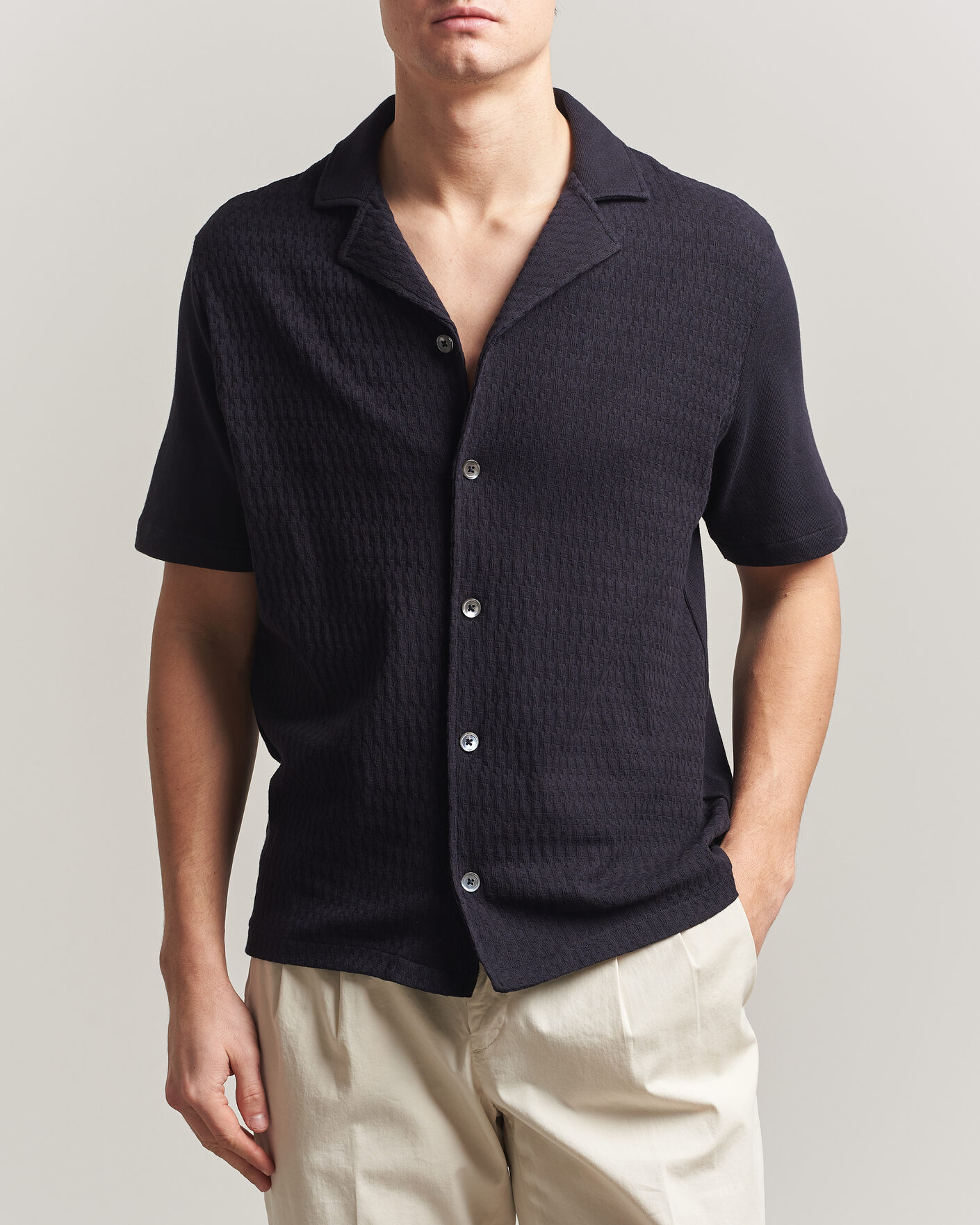 Homme | Chemises | Oscar Jacobson | Kirk Knitted Short Sleeve Shirt Navy