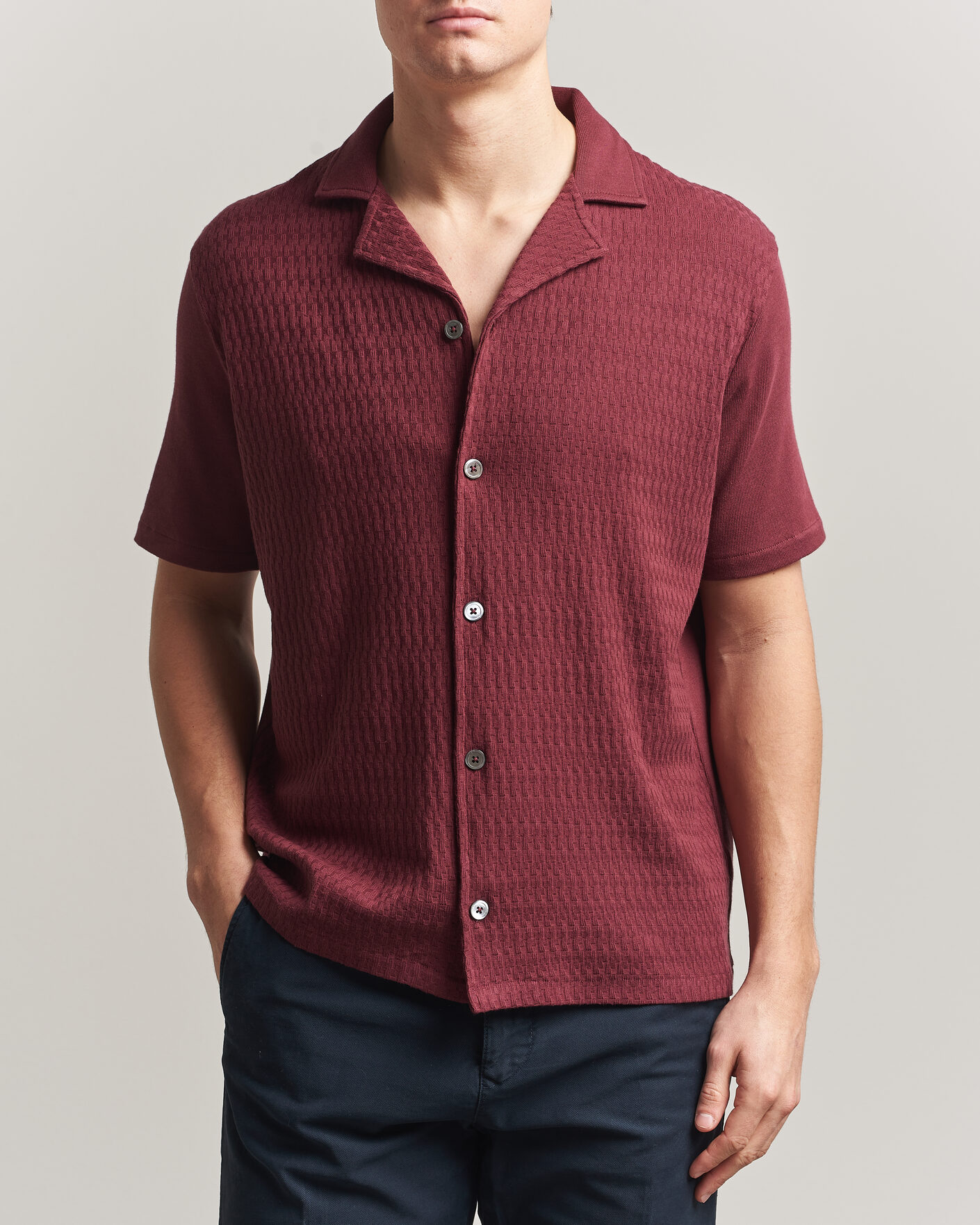 Heren | Overhemden | Oscar Jacobson | Kirk Knitted Short Sleeve Shirt Wine Red