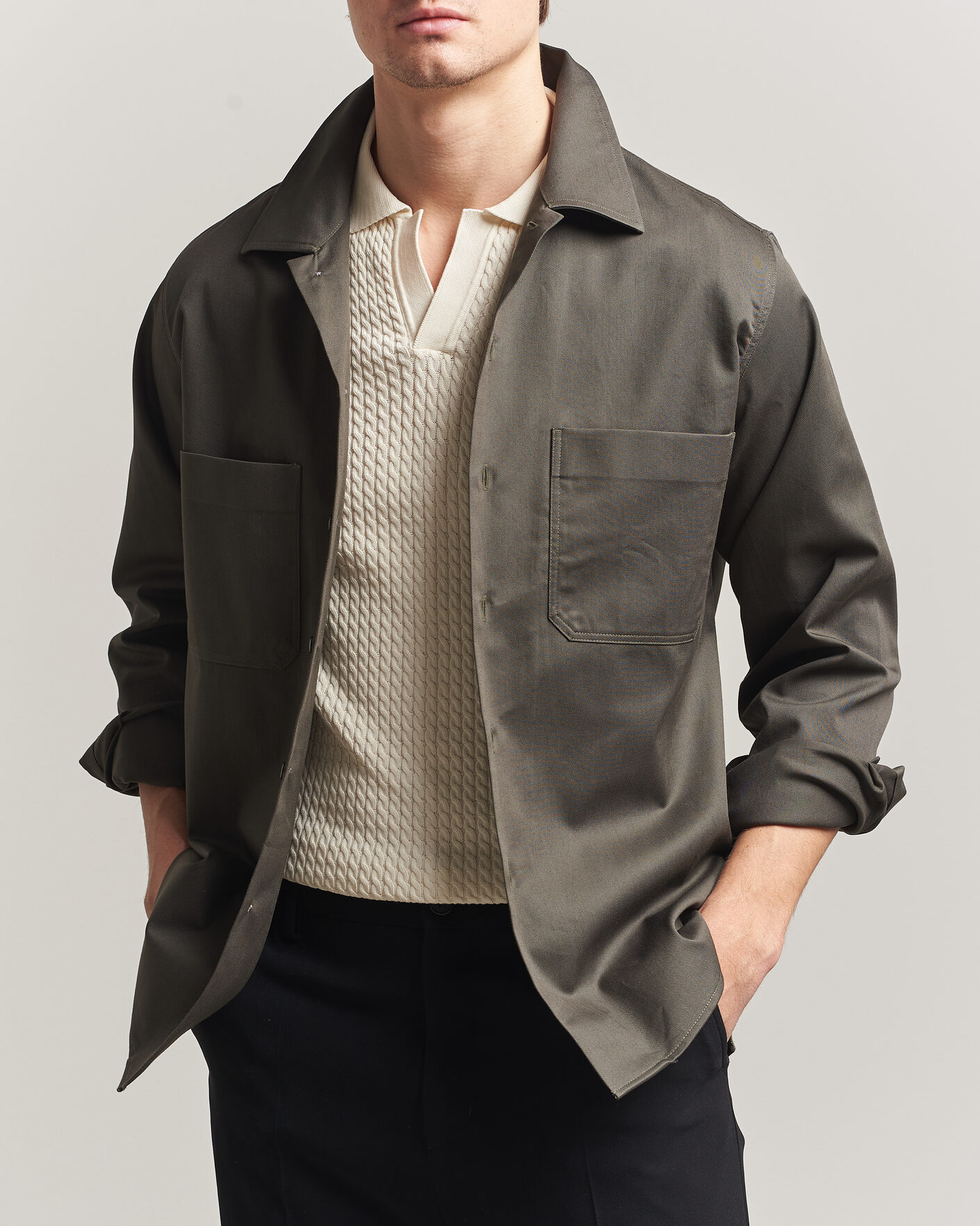 Homme | Chemises | Oscar Jacobson | Straight Fit Bowling Collar Cotton Shirt Olive