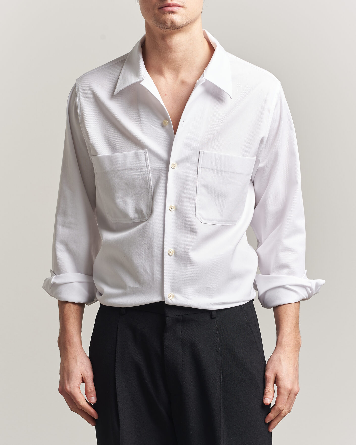 Homme | Chemises | Oscar Jacobson | Straight Fit Bowling Collar Cotton Shirt White