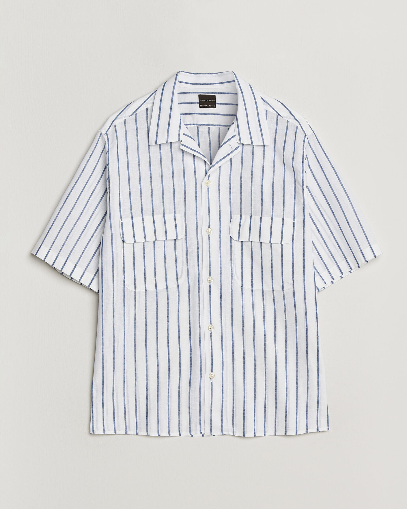 Heren | Overhemden | Oscar Jacobson | Striped Short Sleeve Linen Shirt Navy/White