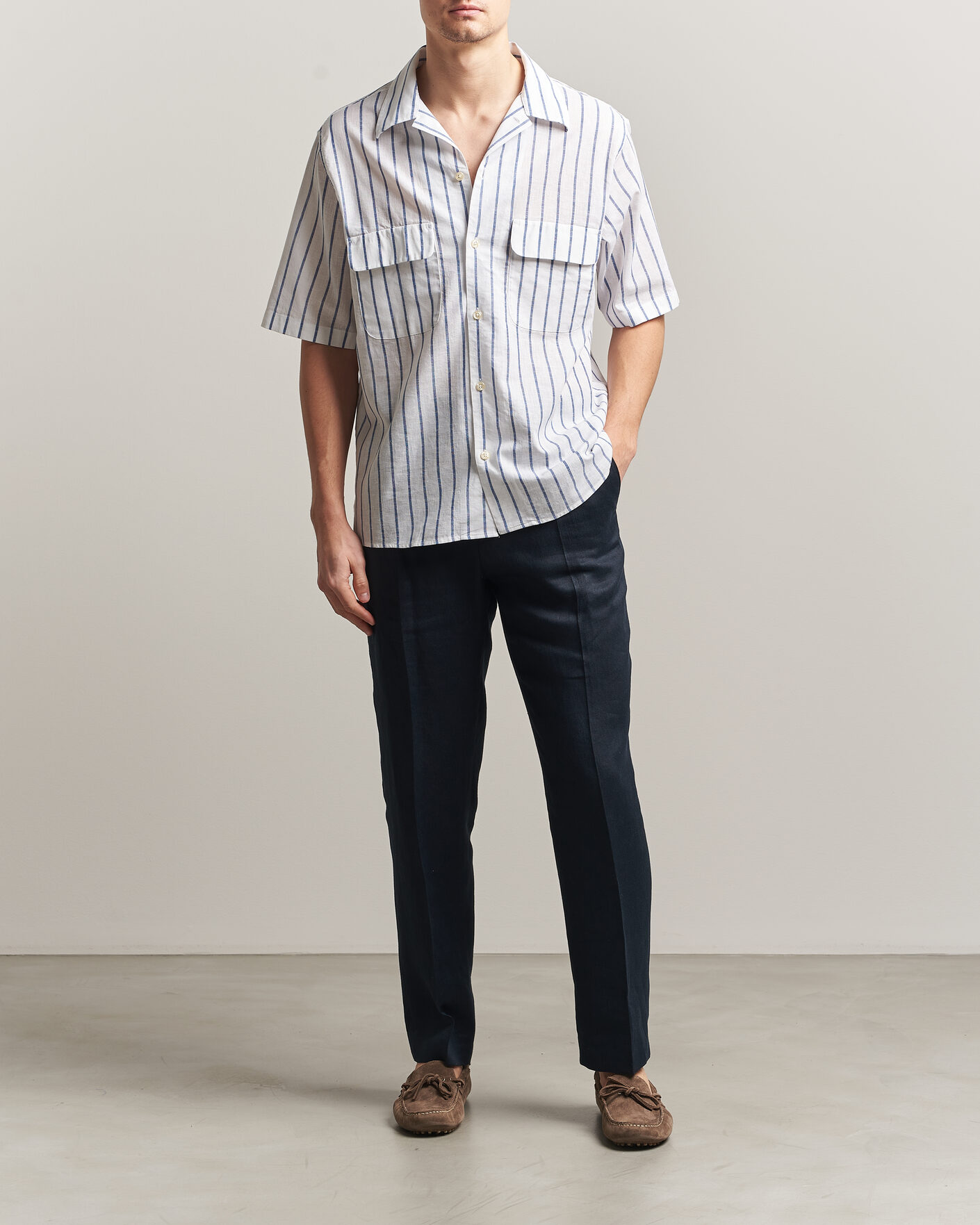 Heren | Overhemden | Oscar Jacobson | Striped Short Sleeve Linen Shirt Navy/White