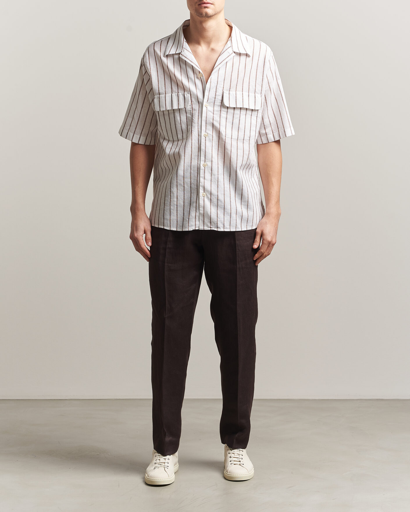 Heren | Overhemden | Oscar Jacobson | Striped Short Sleeve Linen Shirt Brown/White