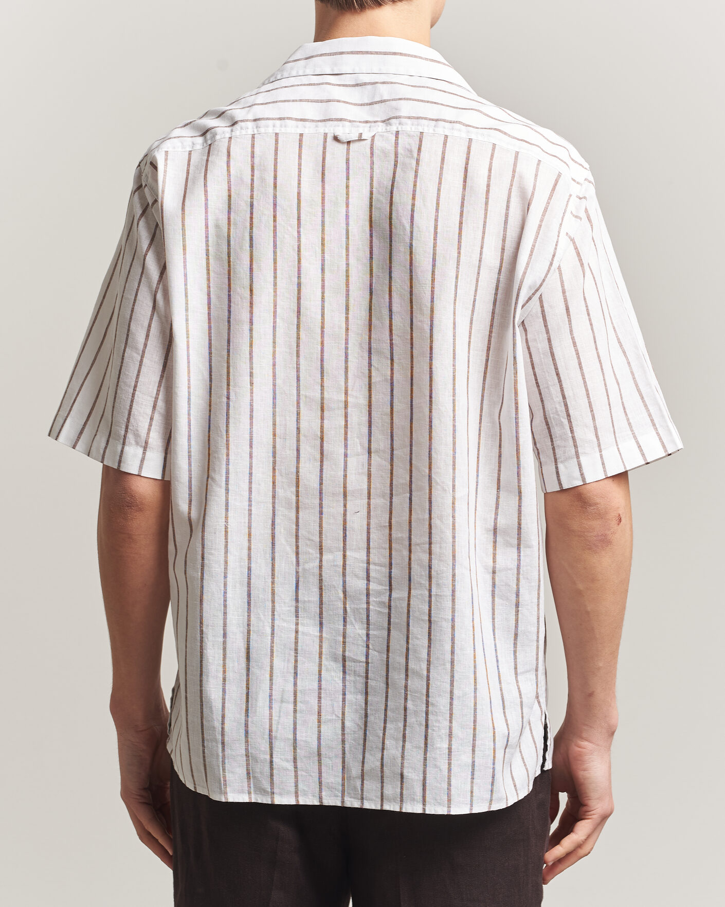 Heren | Overhemden | Oscar Jacobson | Striped Short Sleeve Linen Shirt Brown/White