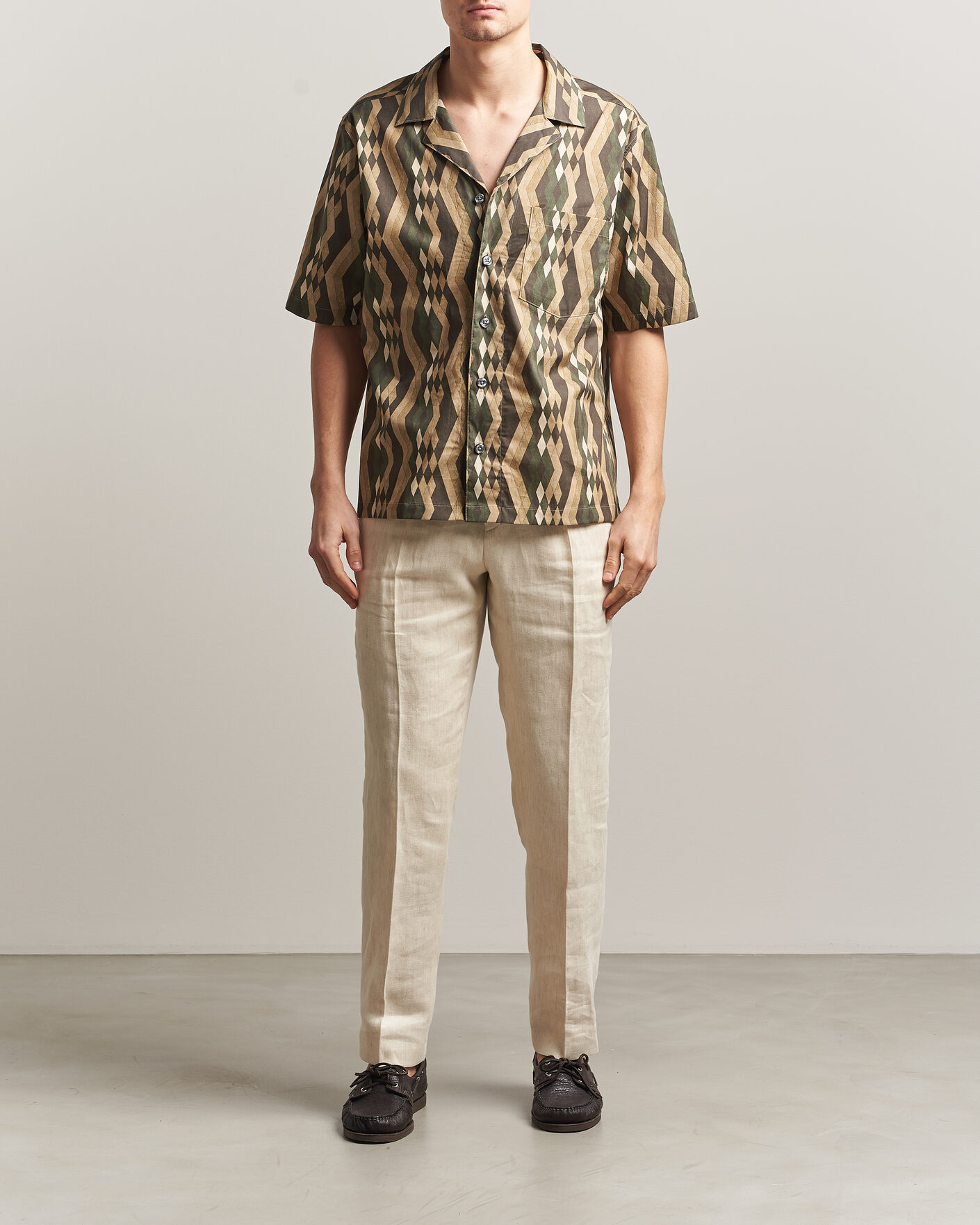 Heren | Overhemden | Oscar Jacobson | Reg Fit Cuban Printed Short Sleeve Shirt Olive