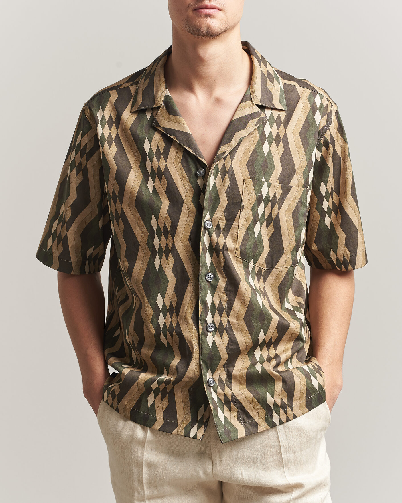 Homme | Chemises | Oscar Jacobson | Reg Fit Cuban Printed Short Sleeve Shirt Olive