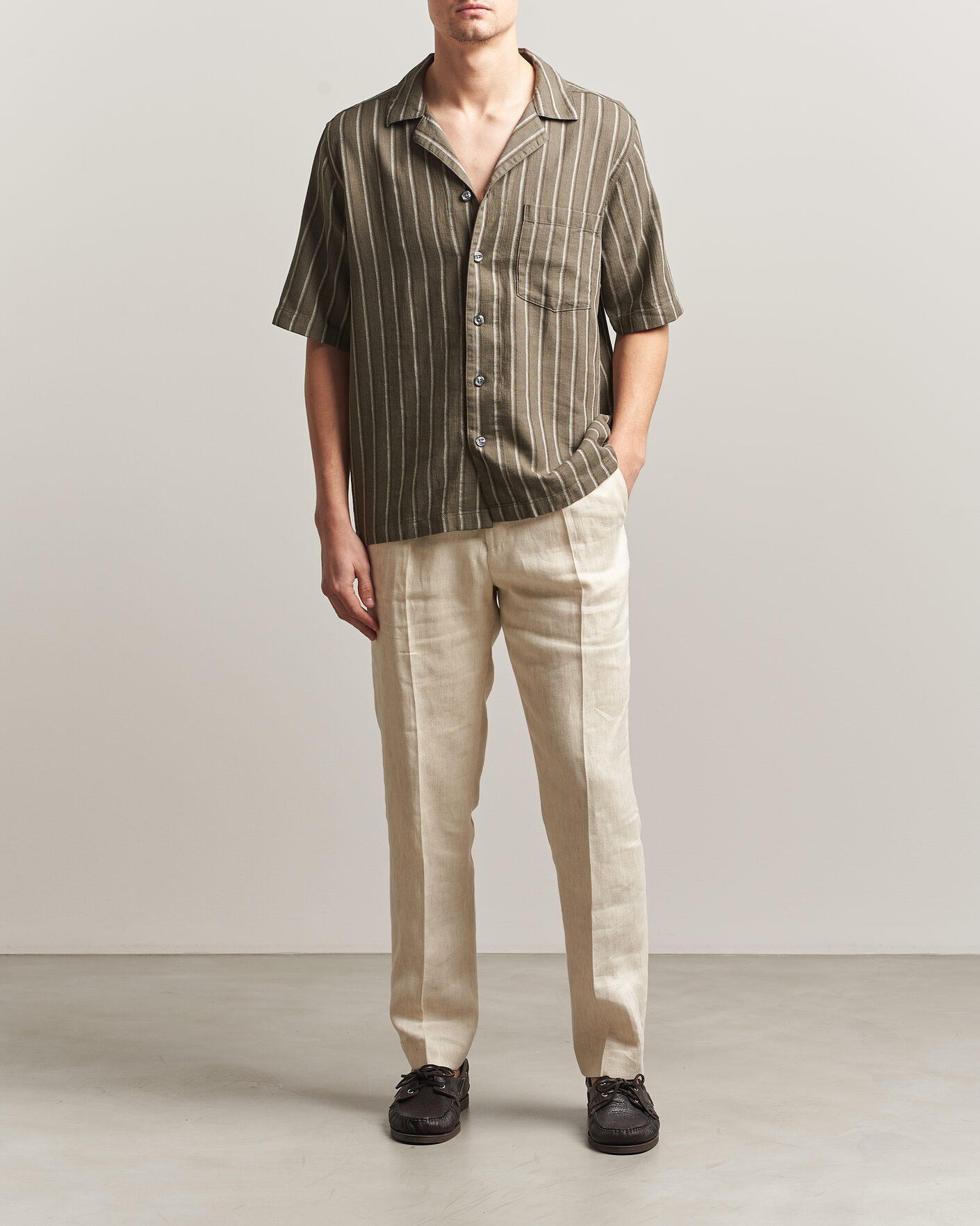 Heren | Overhemden | Oscar Jacobson | Reg Fit Cuban Herringbone Short Sleeve Shirt Green