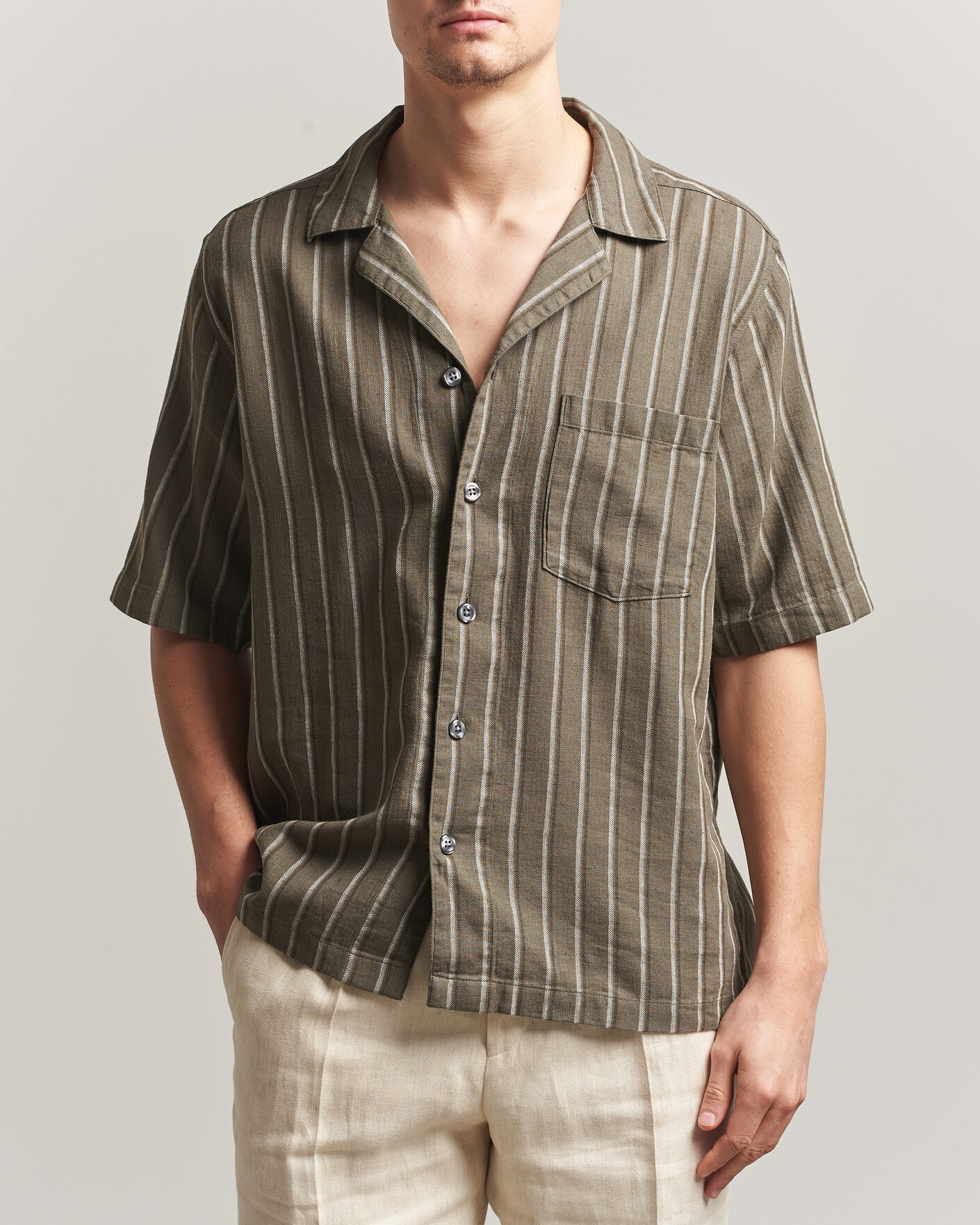 Heren | Overhemden | Oscar Jacobson | Reg Fit Cuban Herringbone Short Sleeve Shirt Green