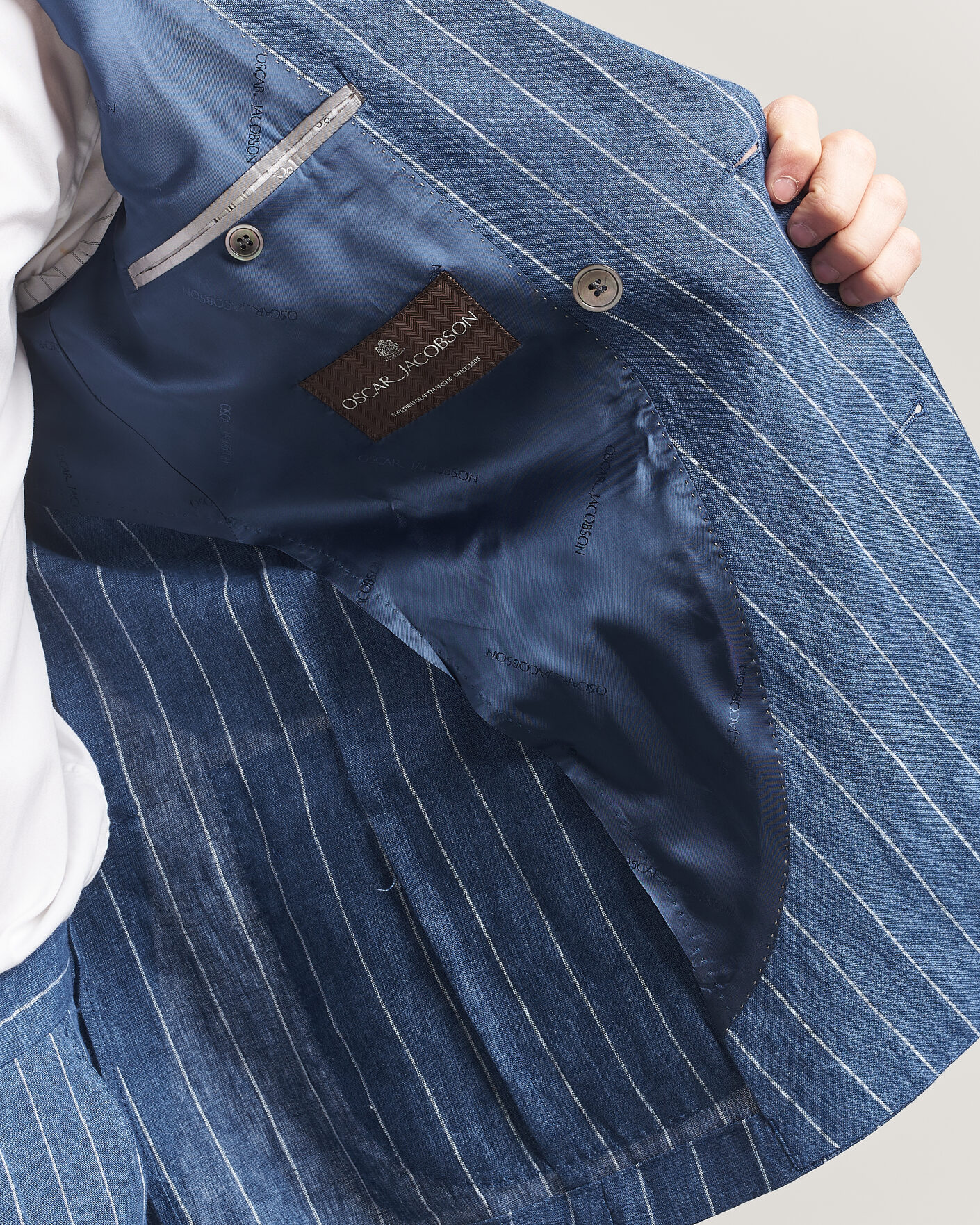 Heren | Blazers | Oscar Jacobson | Farrys Patch Striped Linen Blazer Blue