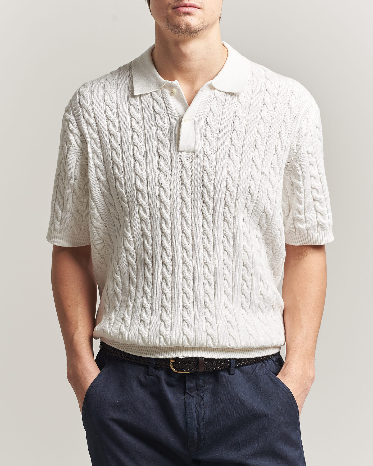 Homme | Polos | BEAMS PLUS | Short Sleeve Cable Polo White