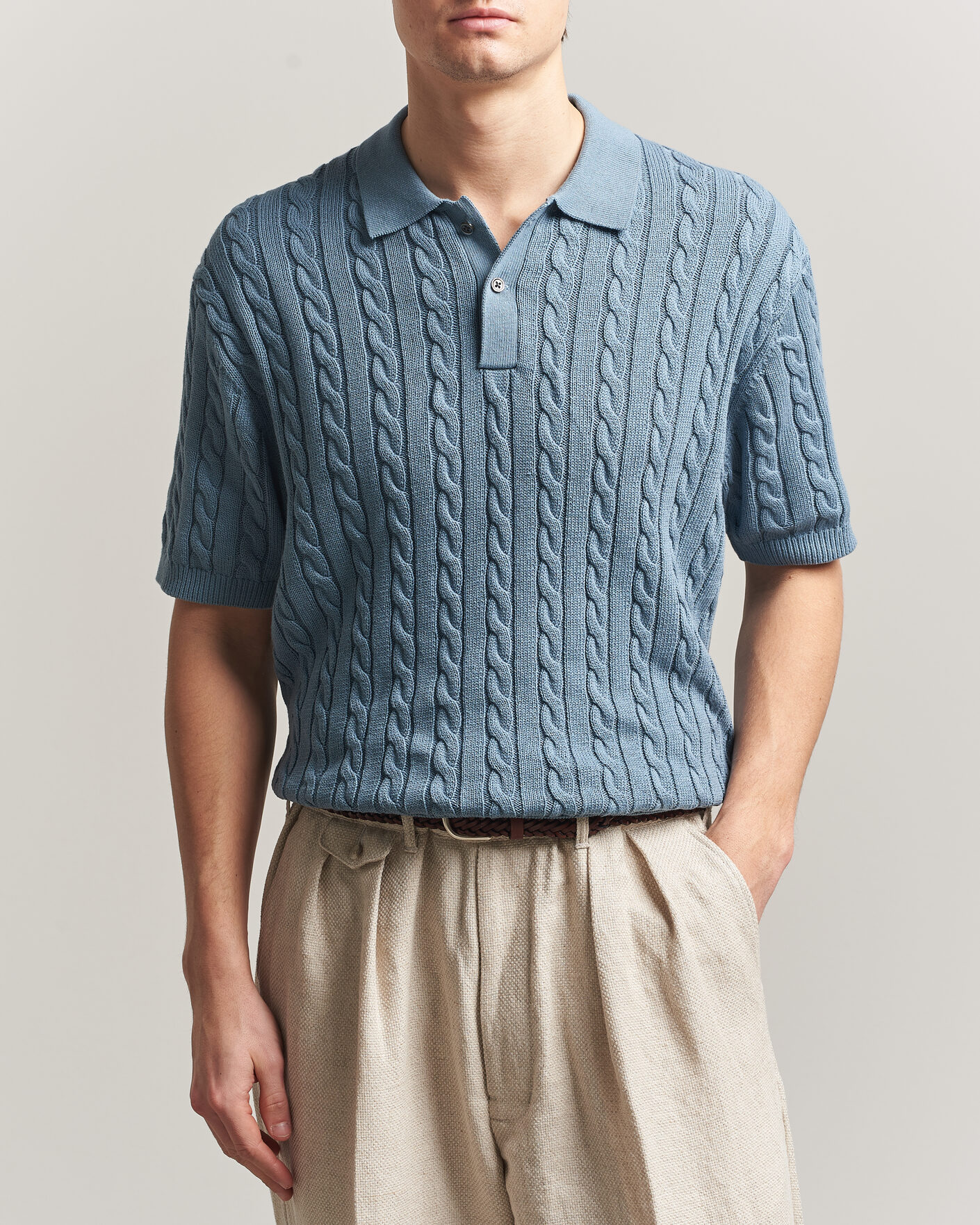 Heren | Polo's | BEAMS PLUS | Short Sleeve Cable Polo Blue