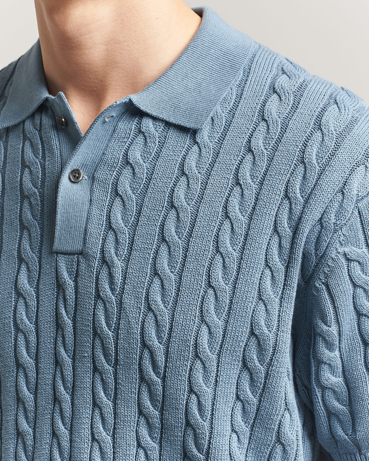 Heren | Polo's | BEAMS PLUS | Short Sleeve Cable Polo Blue