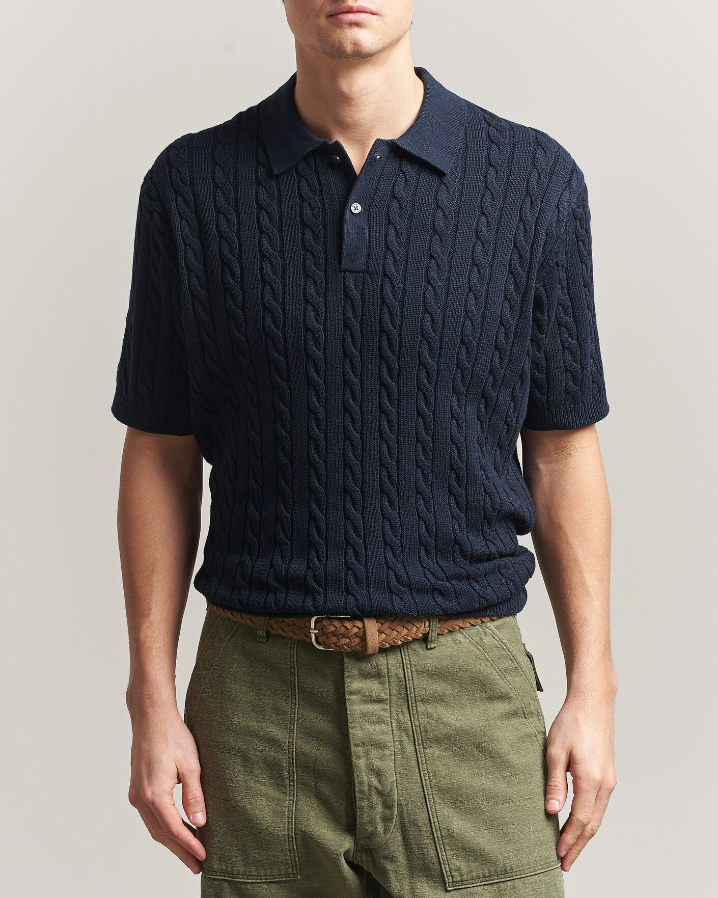 Homme | Polos | BEAMS PLUS | Short Sleeve Cable Polo Navy
