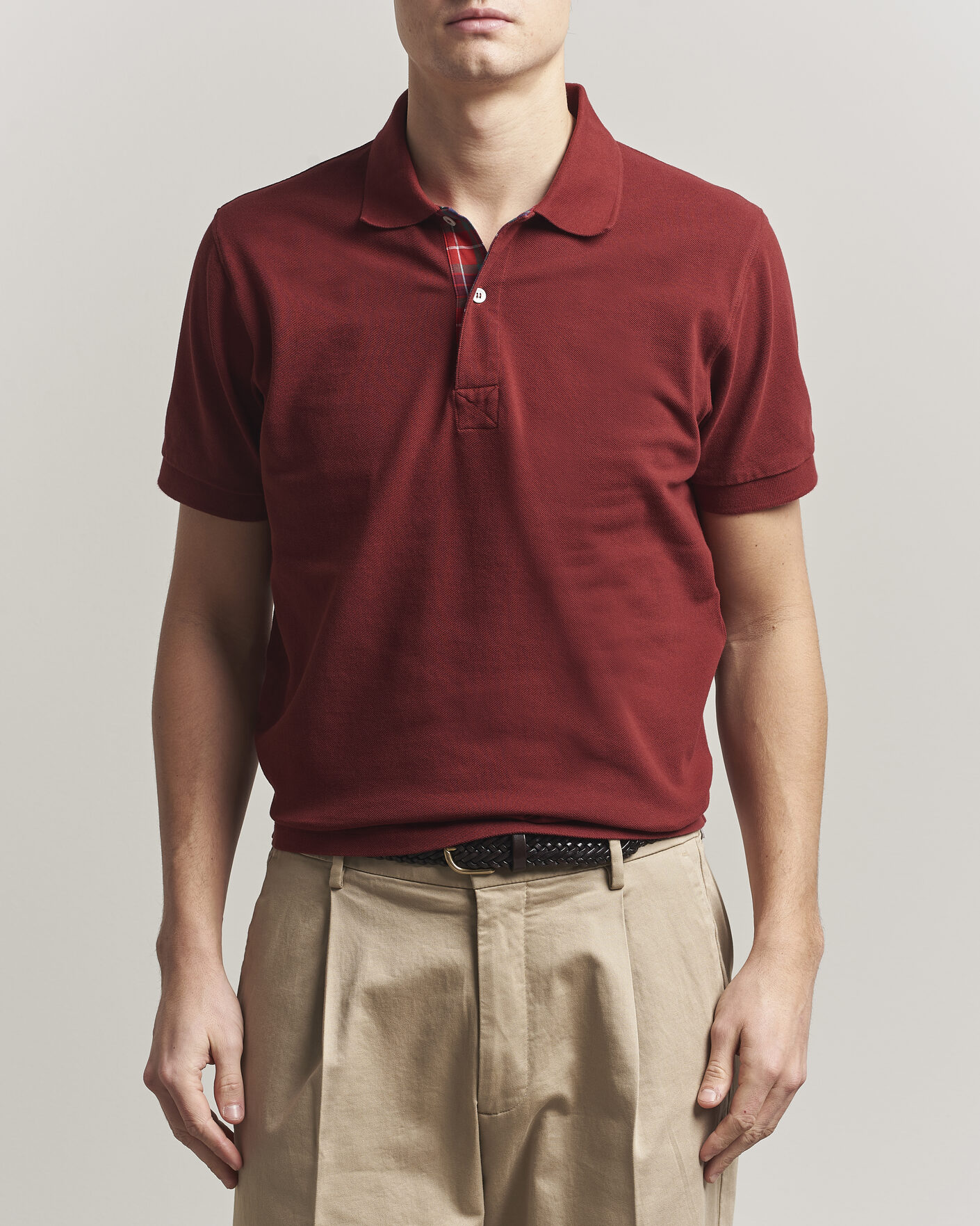 Homme | Polos | Baracuta | Tartan Placket Piquet Polo Oxblood