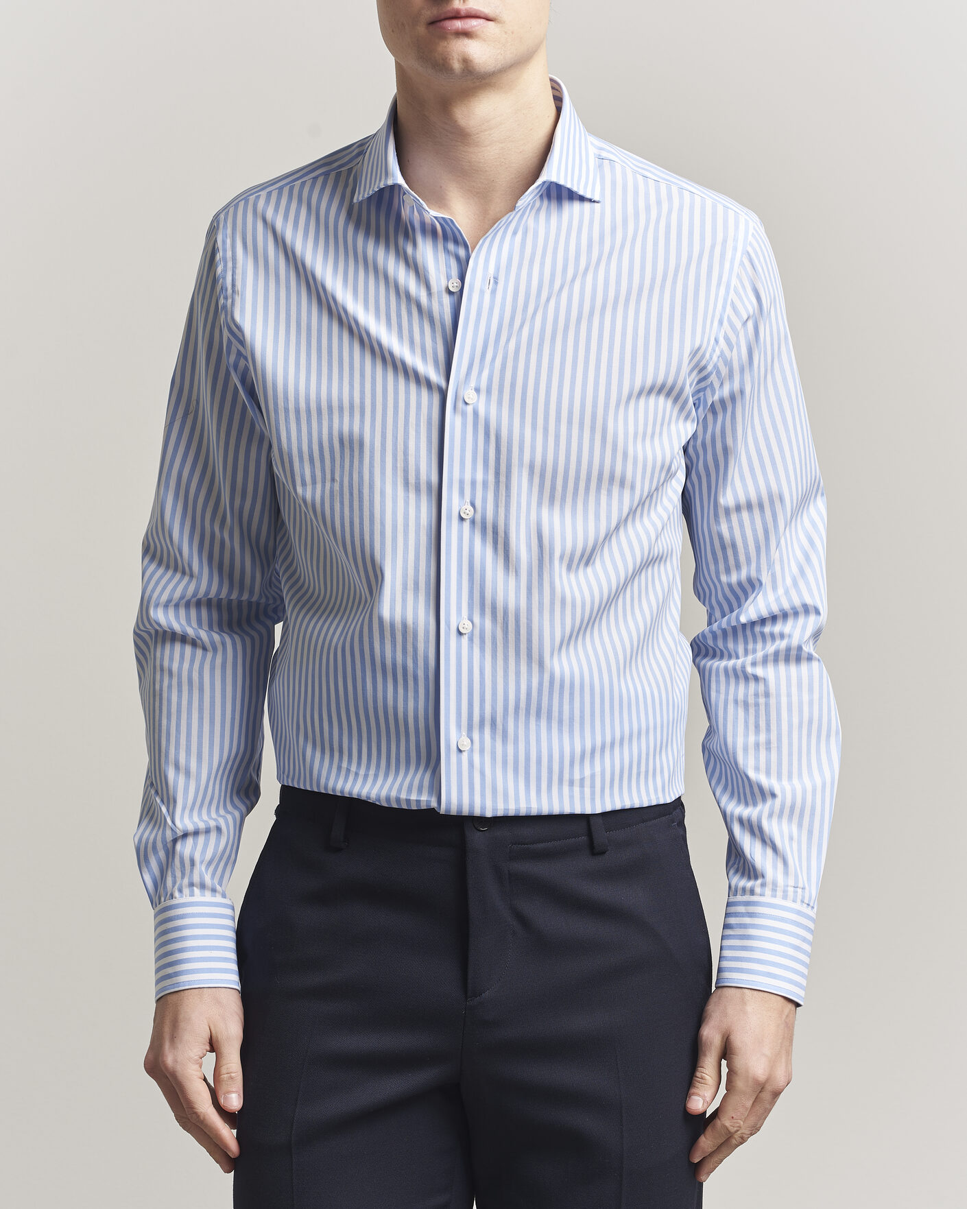 Heren | Overhemden | Grigio | Cotton Poplin Dress Shirt Light Blue Stripe