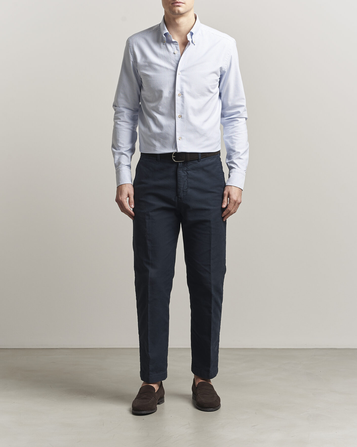 Heren | Overhemden | Grigio | Oxford Button Down Shirt Light Blue Stripe