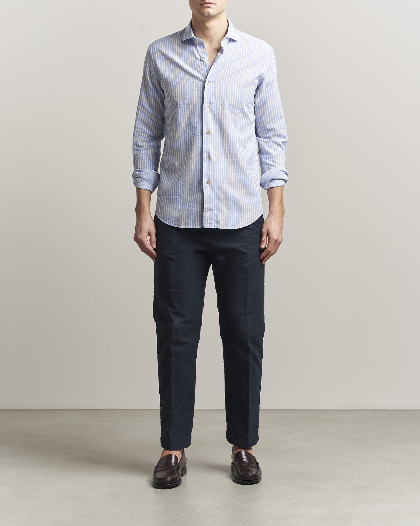 Heren | Overhemden | Grigio | Washed Cotton/Linen Shirt Blue Stripe