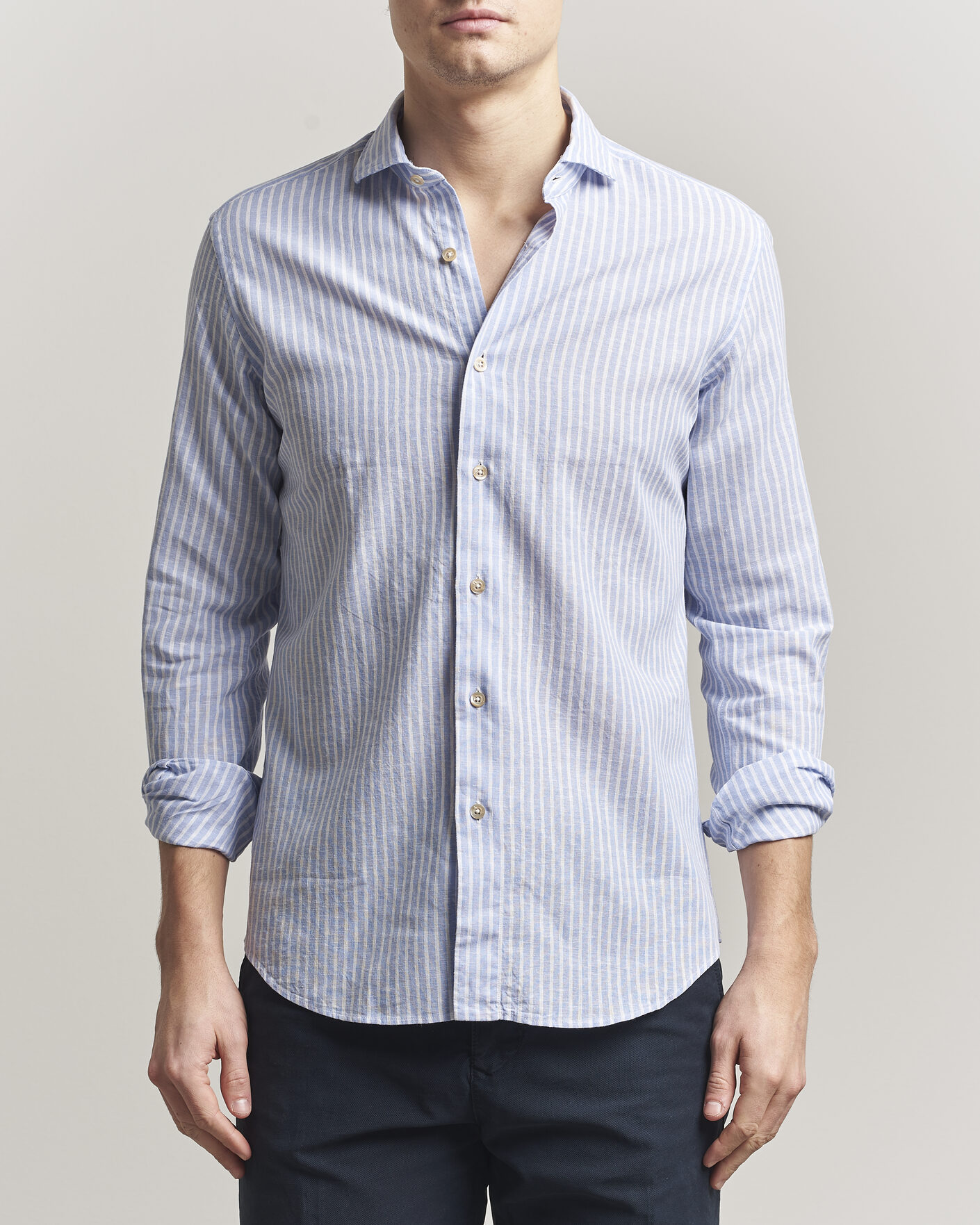 Homme | Chemises | Grigio | Washed Cotton/Linen Shirt Blue Stripe