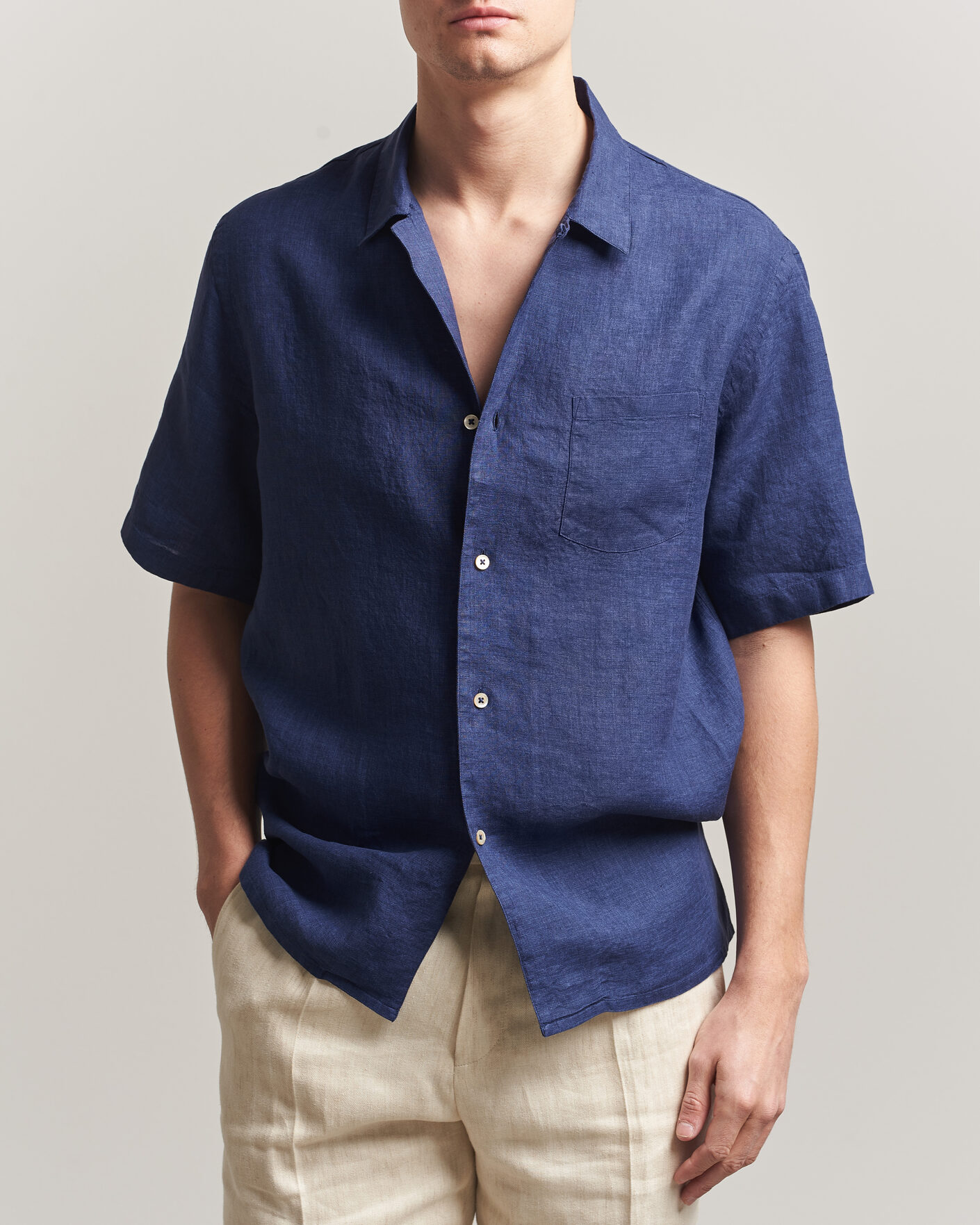 Heren | Overhemden | Grigio | Linen Camp Collar Shirt Navy