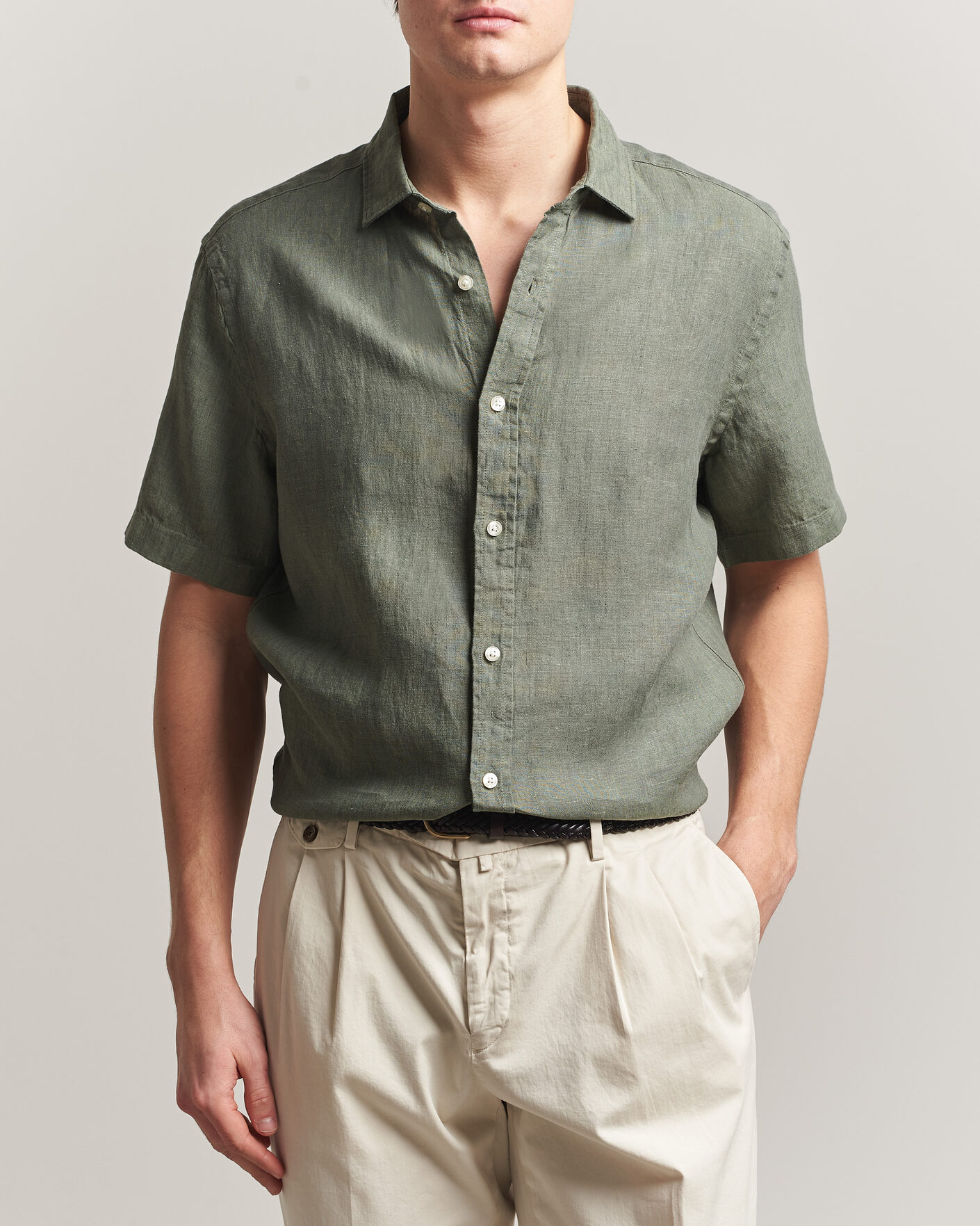 Heren | Overhemden | Charles Tyrwhitt | Pure Linen Short Sleeve Slim Fit Shirt Olive