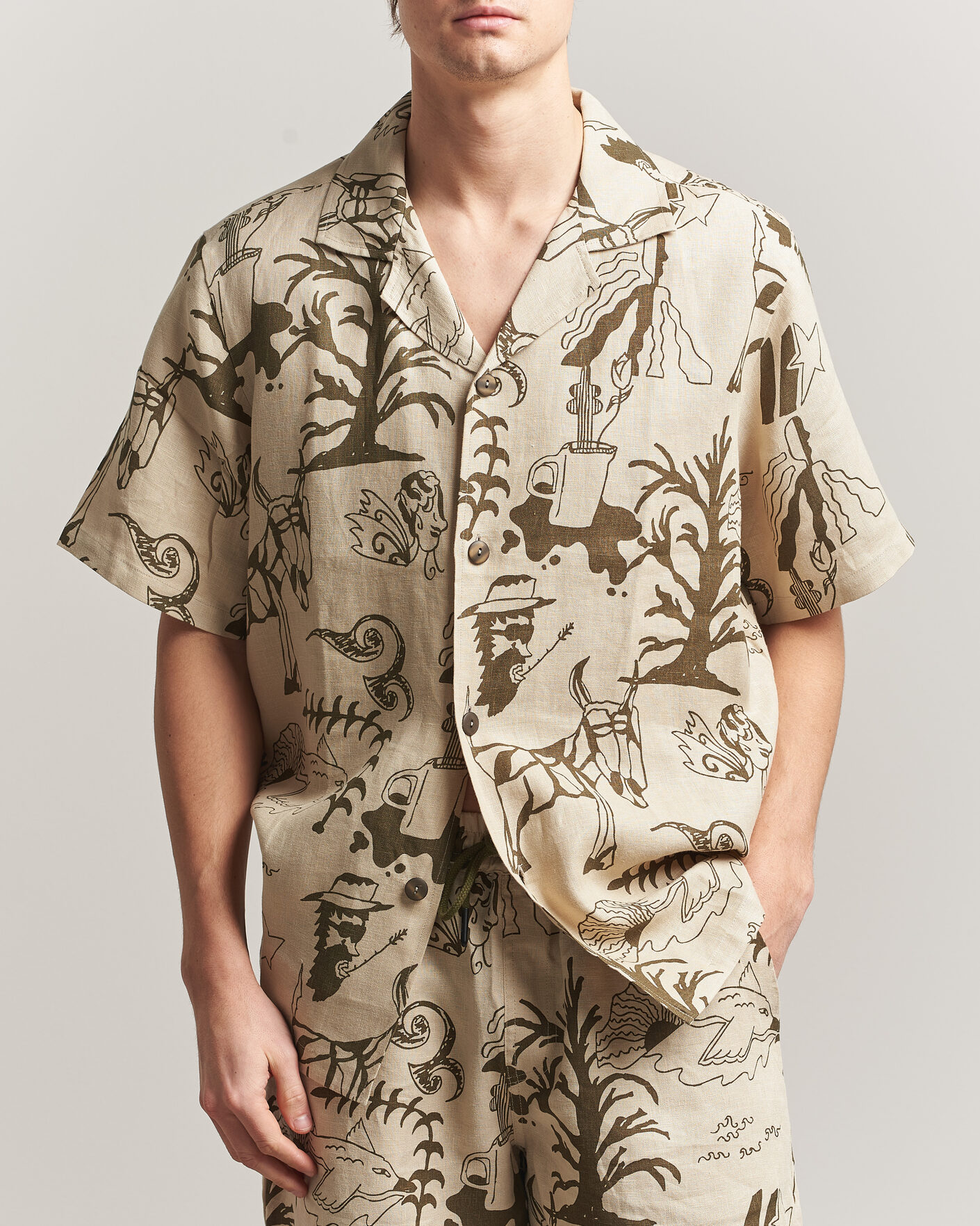Homme | Chemises | OAS | Cuba Short Sleeve Printed Linen Shirt Poplan