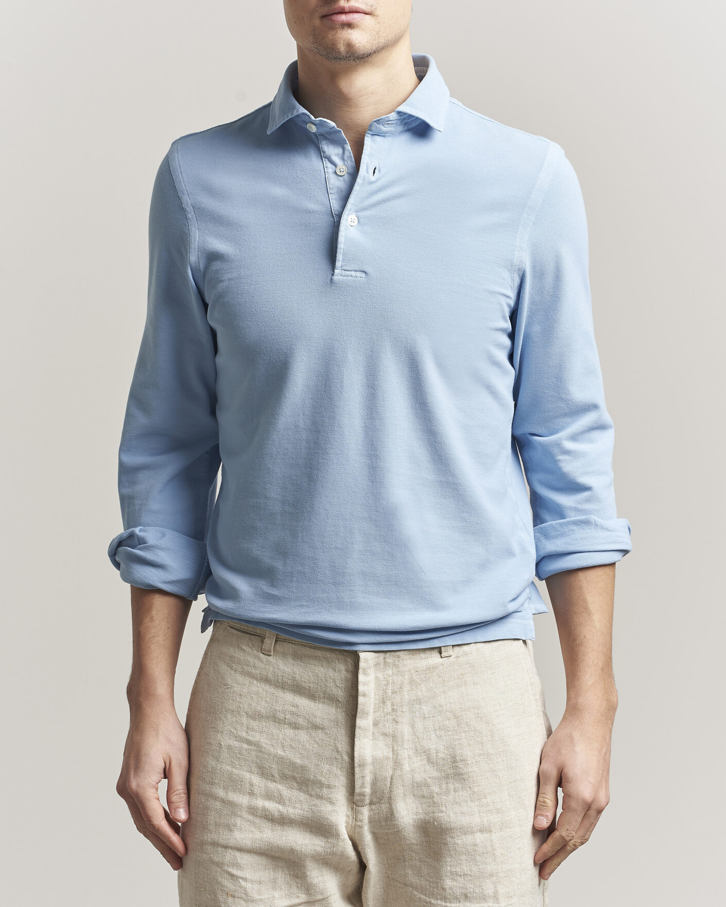 Heren | Polo's | Gran Sasso | Washed Long Sleeve Polo Light Blue