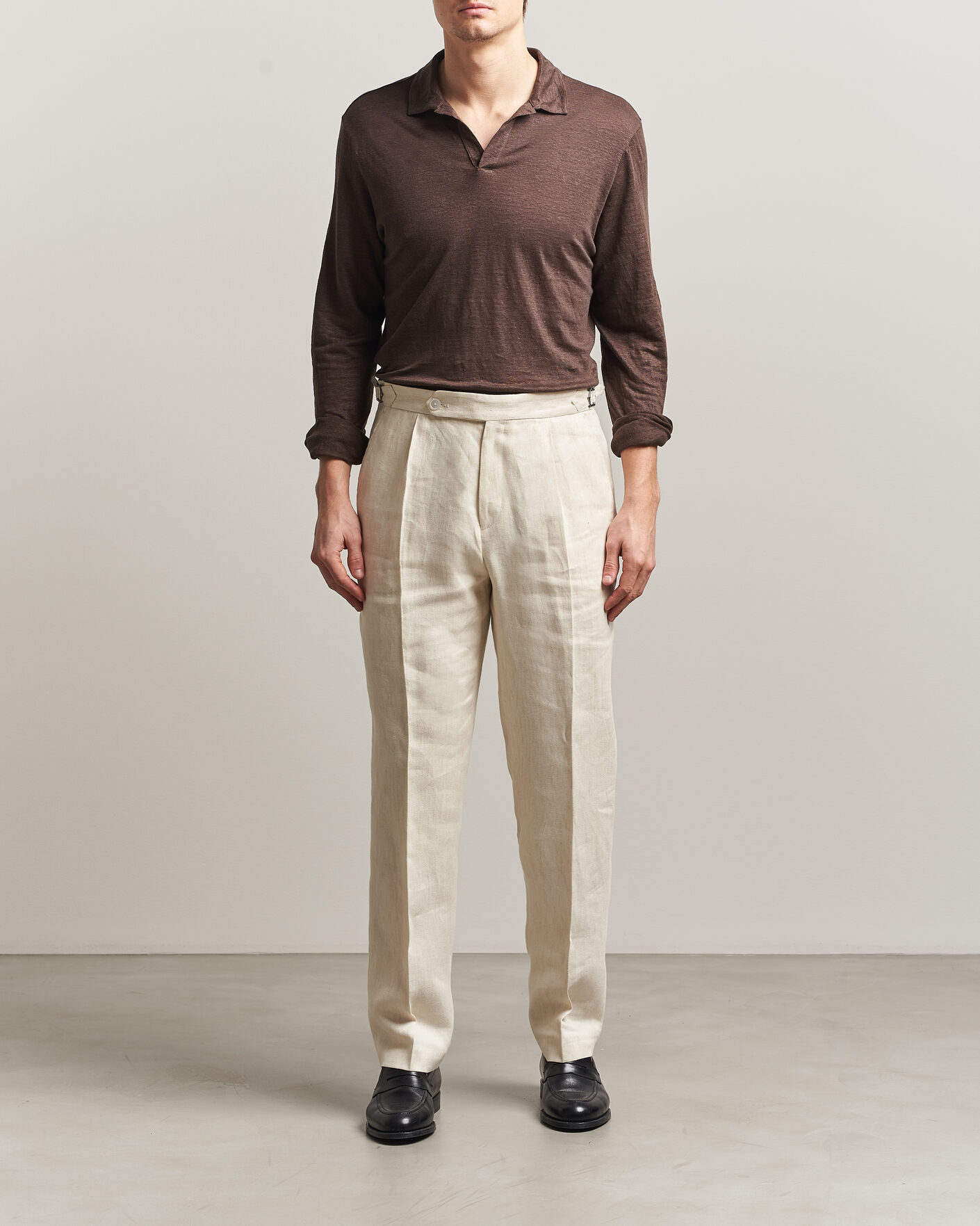 Heren | Polo's | Gran Sasso | Washed Linen Long Sleeve Polo Brown Melange