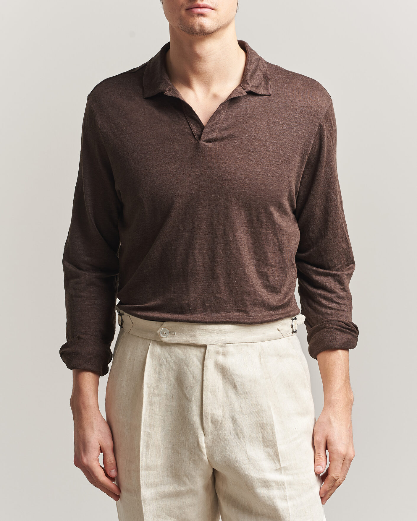 Heren | Polo's | Gran Sasso | Washed Linen Long Sleeve Polo Brown Melange