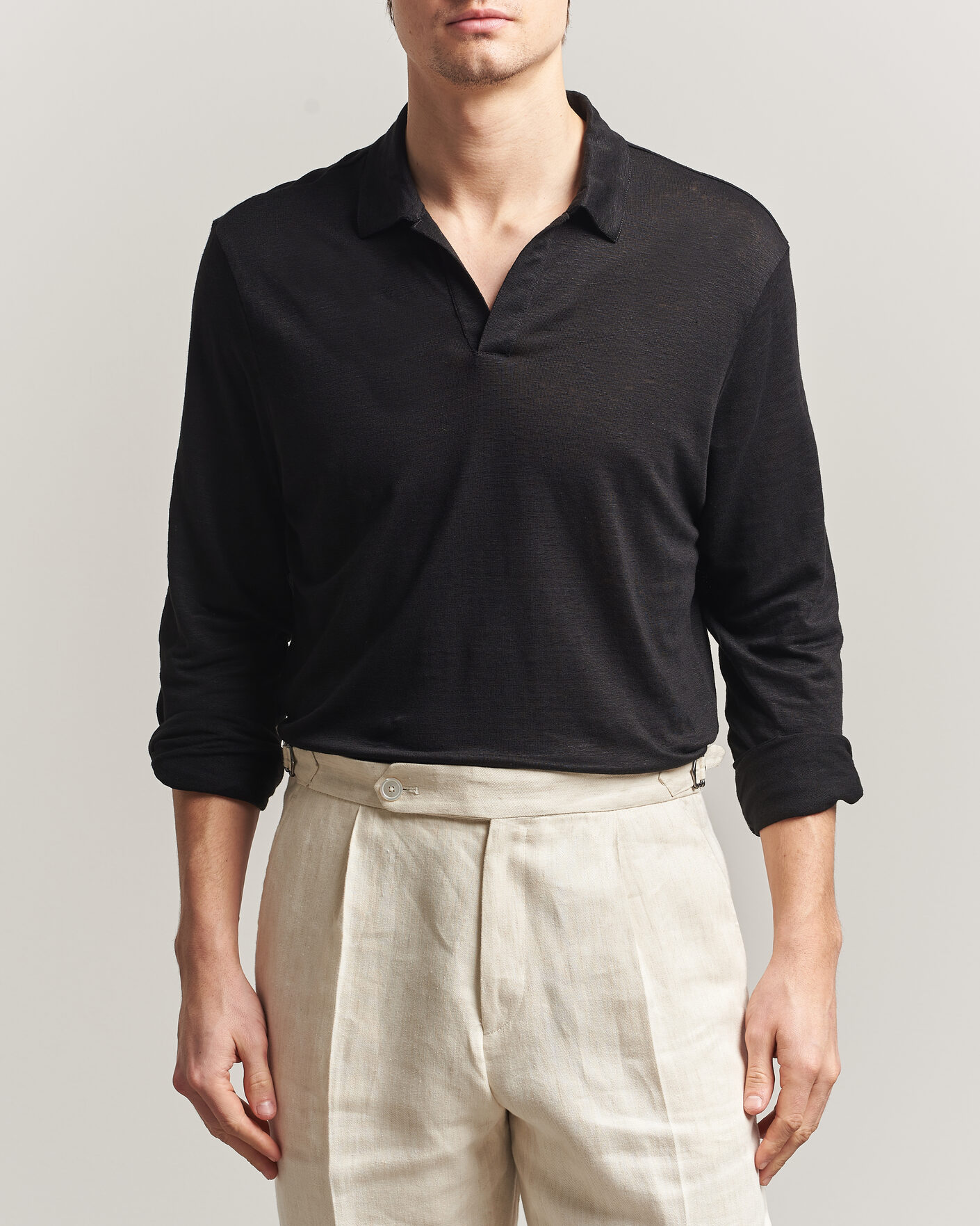 Heren | Polo's | Gran Sasso | Washed Linen Long Sleeve Polo Black