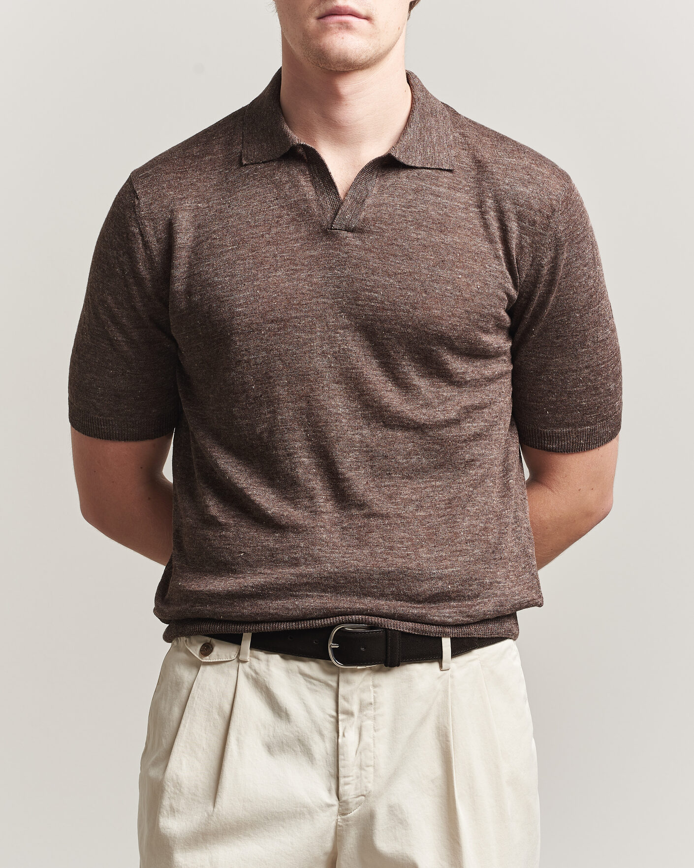 Heren | Polo's | Gran Sasso | Washed Knitted Linen Polo Brown Melange