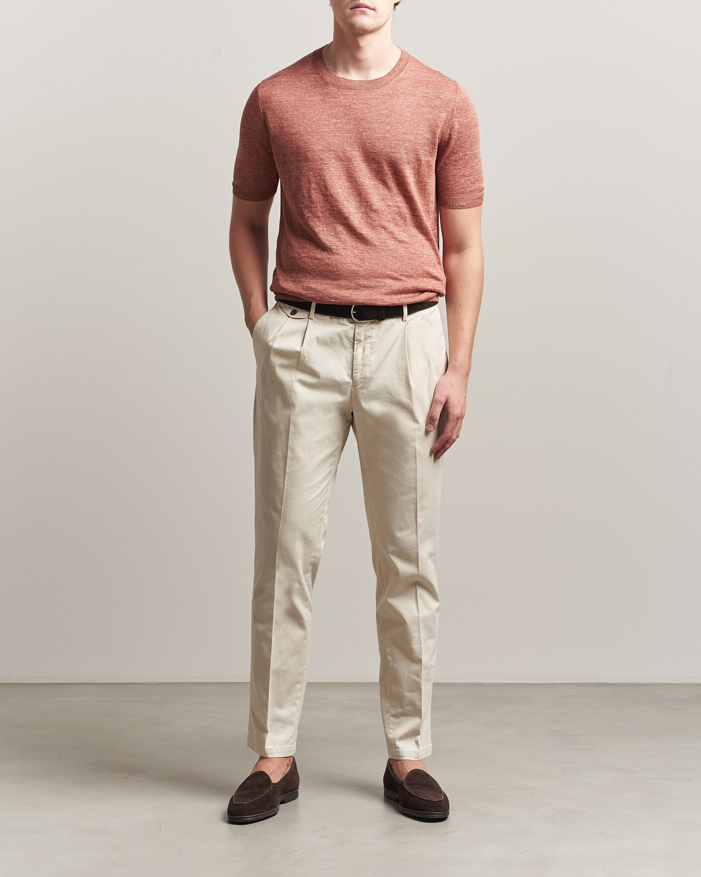 Heren | T-shirts | Gran Sasso | Washed Knitted Linen T-Shirt Apricot Orange Melange